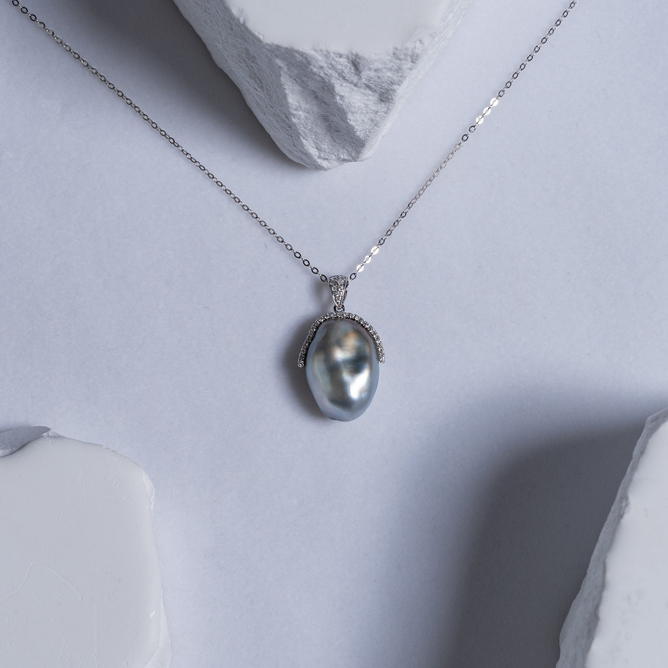 18K Solid Gold Diamond Tahitian Keshi Pearl Necklace KN00143 - Elegant Bridal Jewelry, Wedding Gift & Anniversary Present for Women