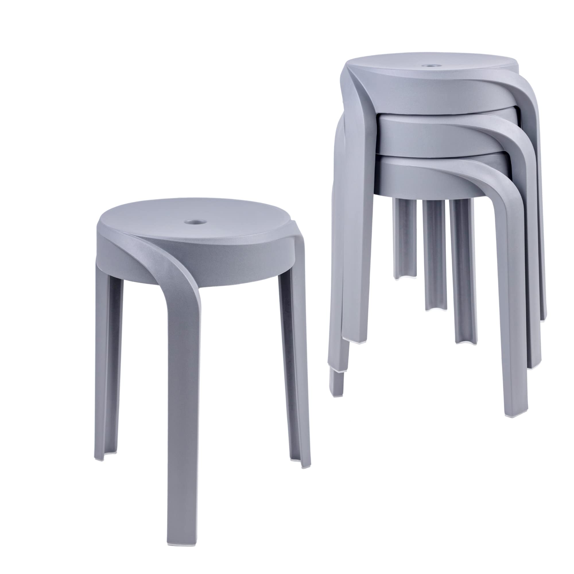 17.7 Inch Modern Plastic Stool Set of 4 - Round Stackable Chairs with Unique Whirl Design - Waterproof Indoor/Outdoor Use for Home, Office, Classroom, Shower - Perfect for Patio, Garden, Poolside & Small Spaces (Grey)