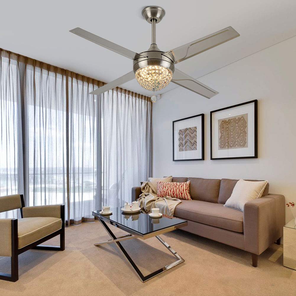 Modern Crystal Ceiling Fan with Remote Control - 44 Inch LED Chandelier & Silent Electric Fan with 4 Stainless Steel Blades - Silver Home Decor for Living Room & Dining Room | Perfect for Cooling & Lighting in Bedrooms, Offices, and Patios