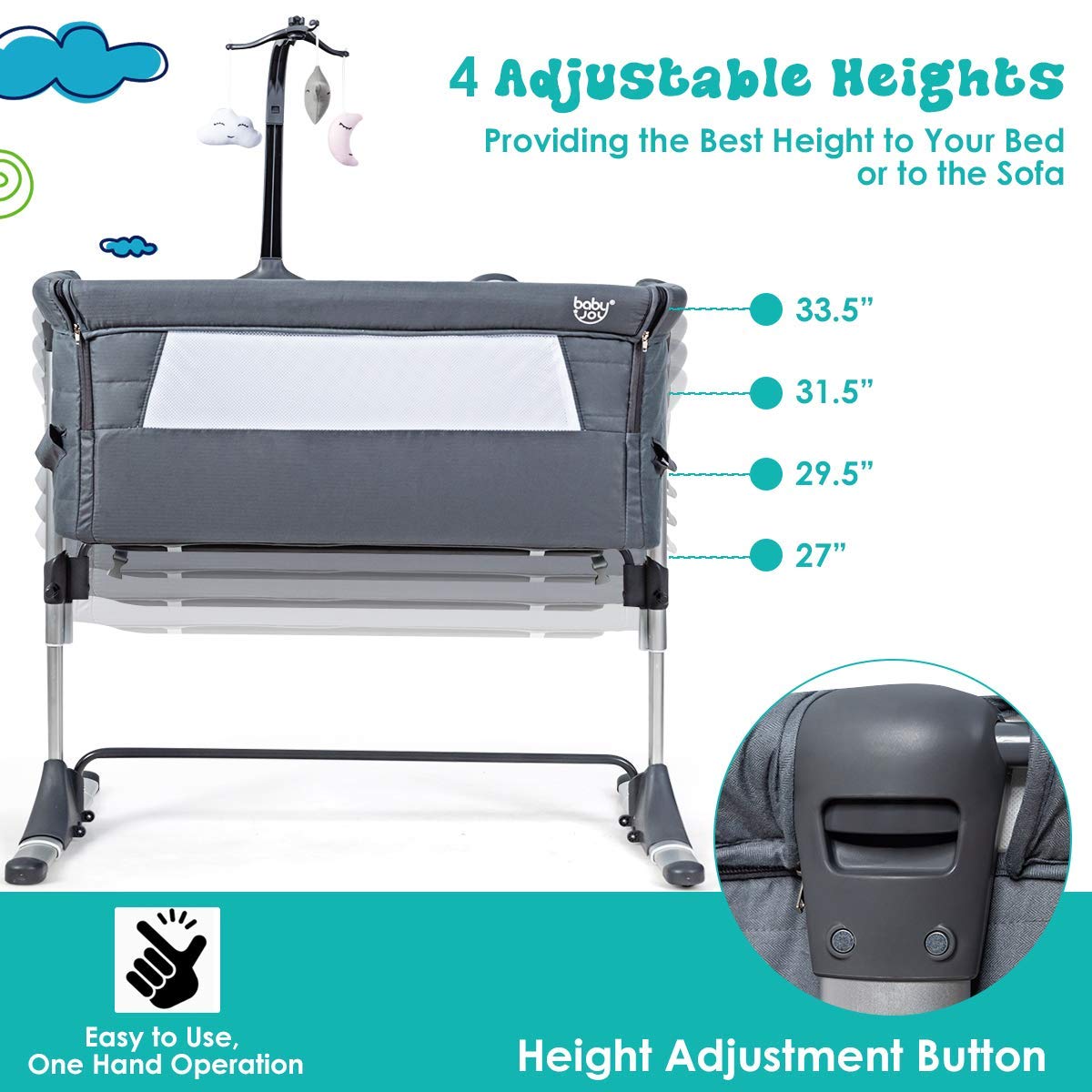 BABY JOY Adjustable Portable Baby Bassinet Crib with Music Box, Toy Rack & Mattress - Breathable Mesh Design, Foldable Travel Bassinet for Newborns - Perfect for Nursery, Bedside Sleeping & Travel (Dark Grey)