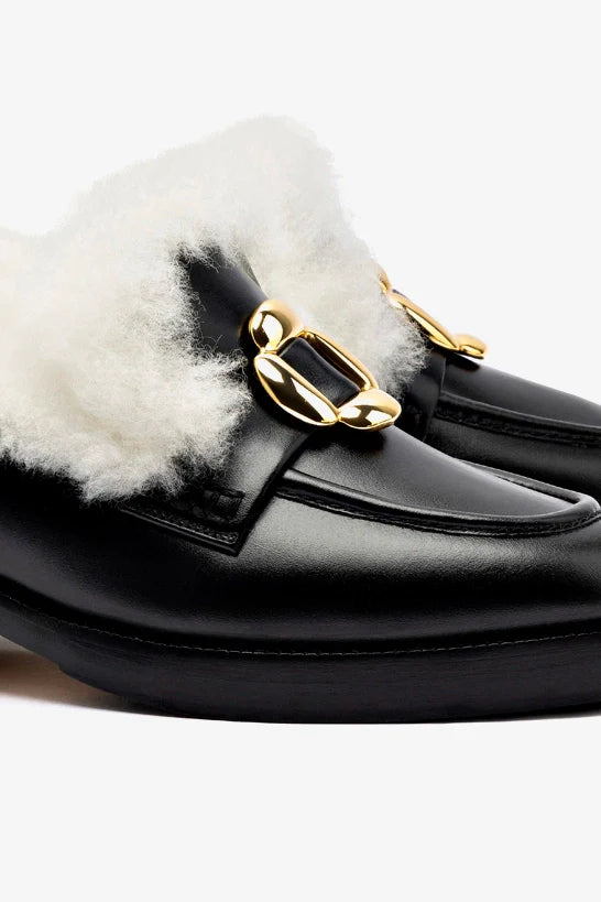 Bobbie Loafer Shoes - Black Leather with Natural Shearling Lining | Comfortable Slip-On Loafers for Women | Perfect for Office, Casual Wear & Travel
