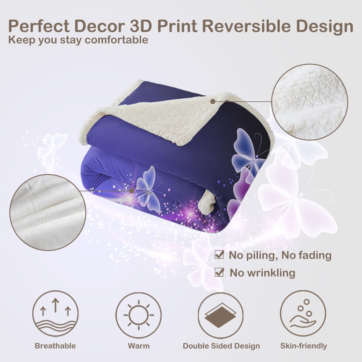 Sleepwish Blue Purple Fleece Throw Blanket - Soft Glowing Butterflies Sherpa Plush Blanket for Baby (30
