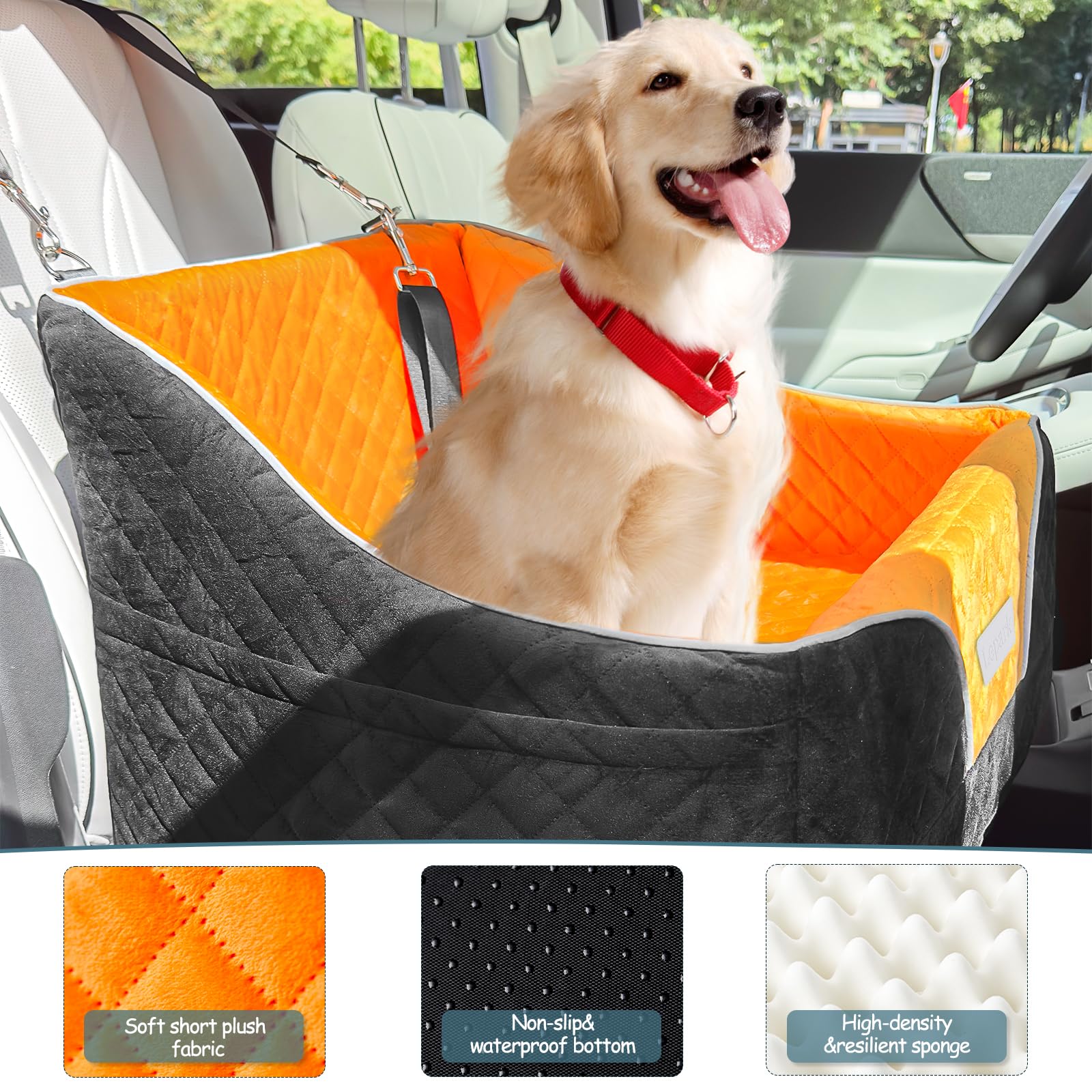 Lepark Dog Car Seat for Small Dogs & Cats - Washable Pet Booster Seat with Storage Pockets - Travel Safety Carrier for Front/Back Car Seats (Orange) - Perfect for Road Trips & Daily Commutes