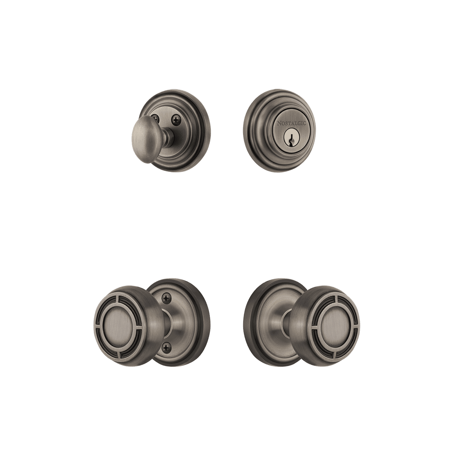 Antique Pewter Classic Rosette Entry Door Set with Mission Knob - Vintage Style Door Hardware for Home & Office Entryways