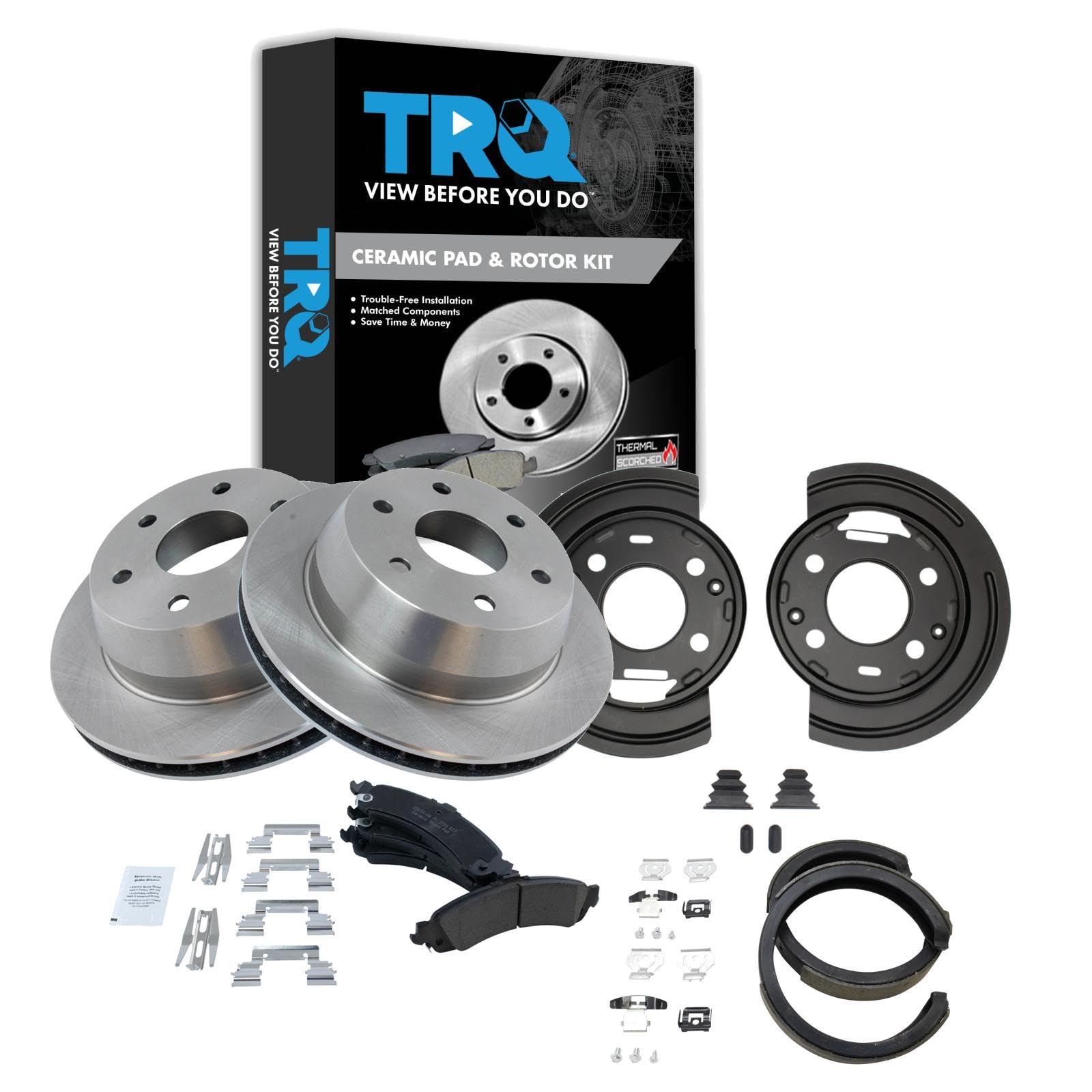 TRQ Rear Ceramic Brake Pads & Rotors Kit with Parking Shoes & Backing Plates for GM Silverado/Sierra 1500/2500/3500 Trucks - Perfect for Heavy-Duty Towing & Off-Road Driving