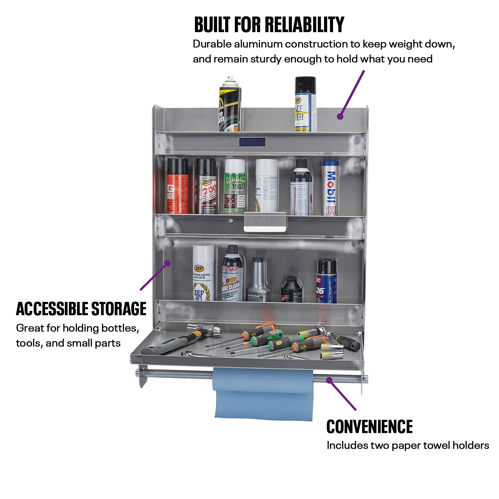 Speedway Motors Standard Aluminum Trailer Storage Cabinet with Fold-Down Work Table & Paper Towel Holders - Heavy Duty Garage & Enclosed Race Trailer Organizer for Tools, Equipment & Workshop Storage