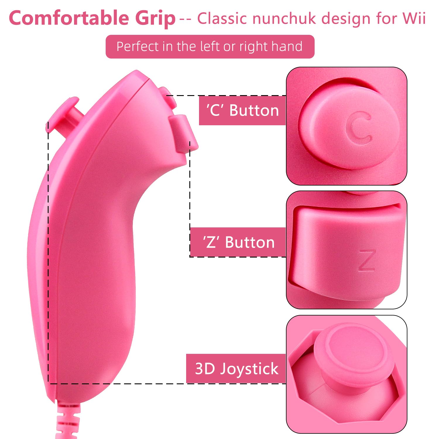 OSTENT Motion-Sensing Wired Nunchuk Controller for Nintendo Wii - Pink Gaming Accessory | Perfect for Wii Sports, Mario Kart & Family Game Nights