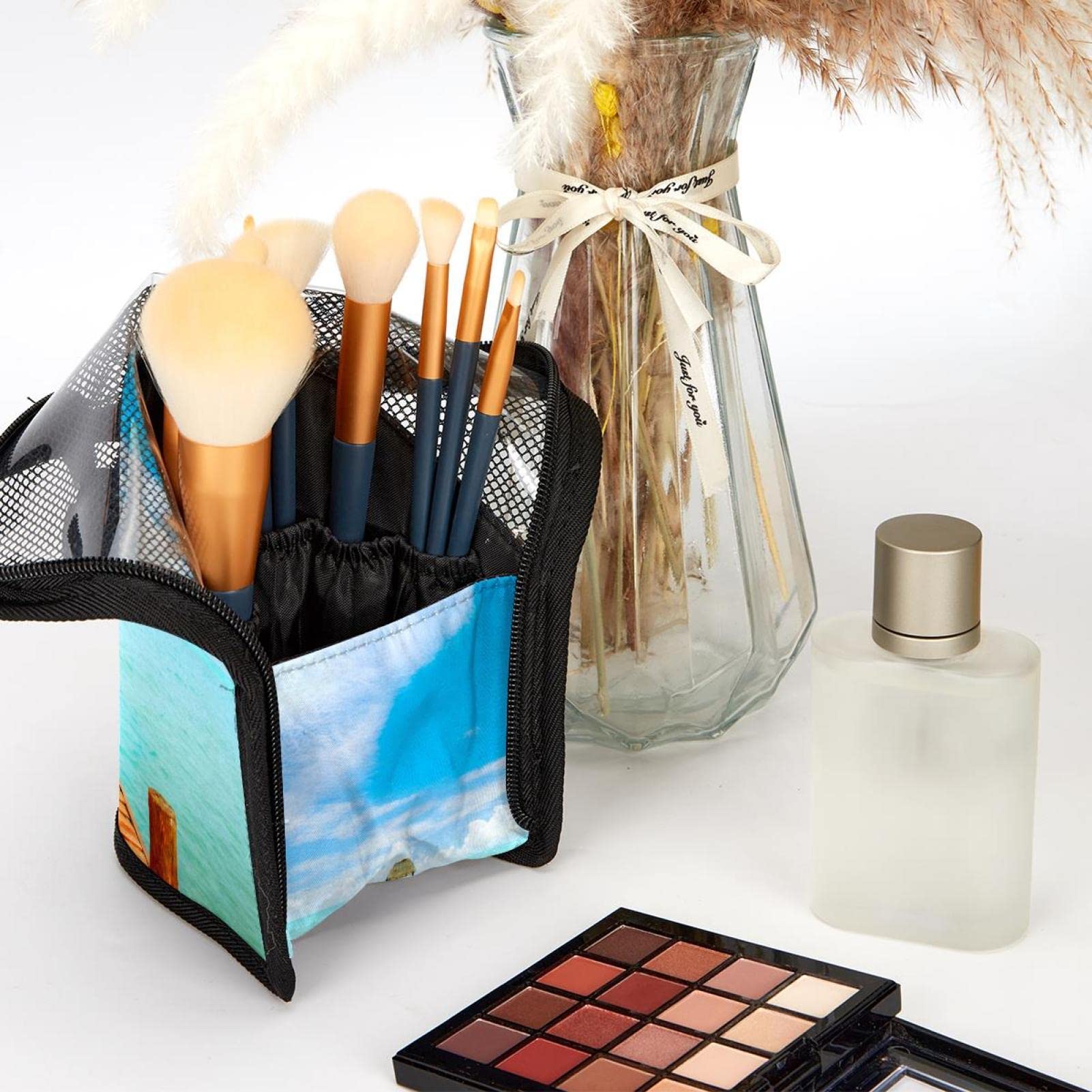 Premium 12-Piece Makeup Brush Organizer Bag with Seaside View - Portable Travel Makeup Brush Holder Case for Professional & Home Use