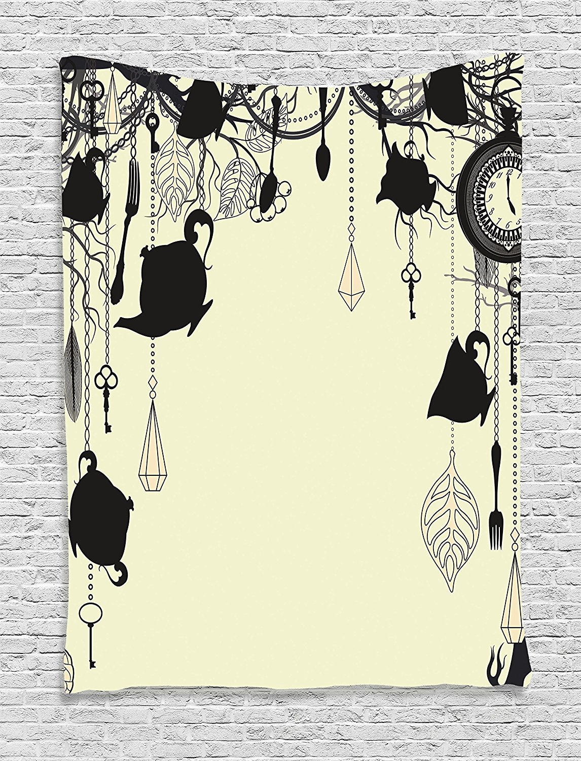 Ambesonne Vintage Tea Party Tapestry - Antique Diamond Forks & Spoons Design with Tree Branch Leaves - 60x80 Inch Wall Hanging Decor for Bedroom, Living Room, Dorm - Avocado Green & Black - Perfect for Boho Home Decor, Tea Lover Gifts & Cozy Room Aesthetics