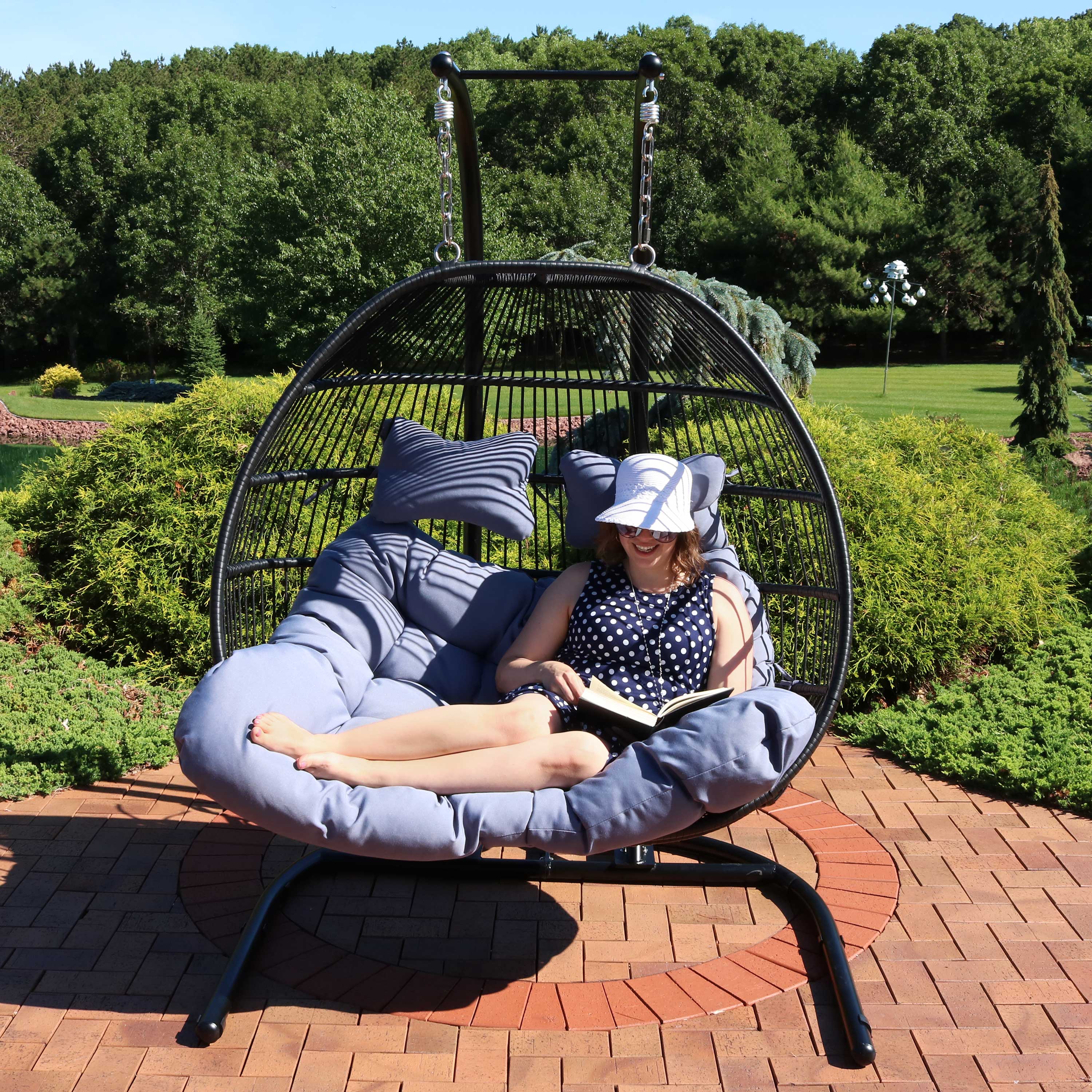 Sunnydaze Liza Loveseat Egg Chair with Gray Cushions and Stand - Outdoor Hanging Swing Chair for Patio, Garden, and Backyard Relaxation