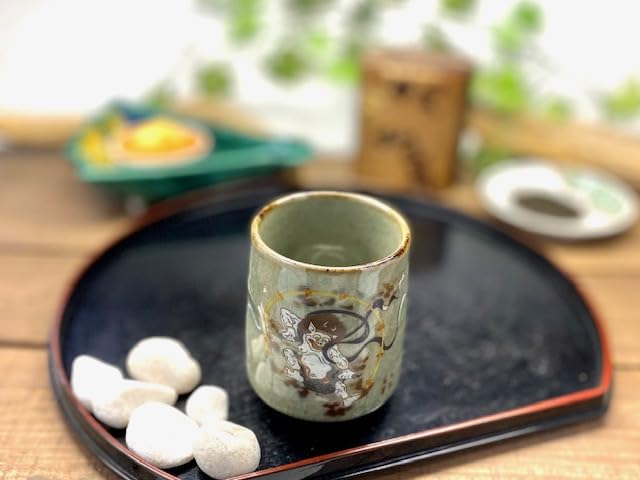 Premium Hyakkaen Kutaniyaki Japanese Ceramic Tea Cup - Traditional Wind God & Thunder God Design - Small Hot Water Drinking Cup with Unique Back Picture - Perfect for Tea Ceremonies, Home Decor & Gift Giving