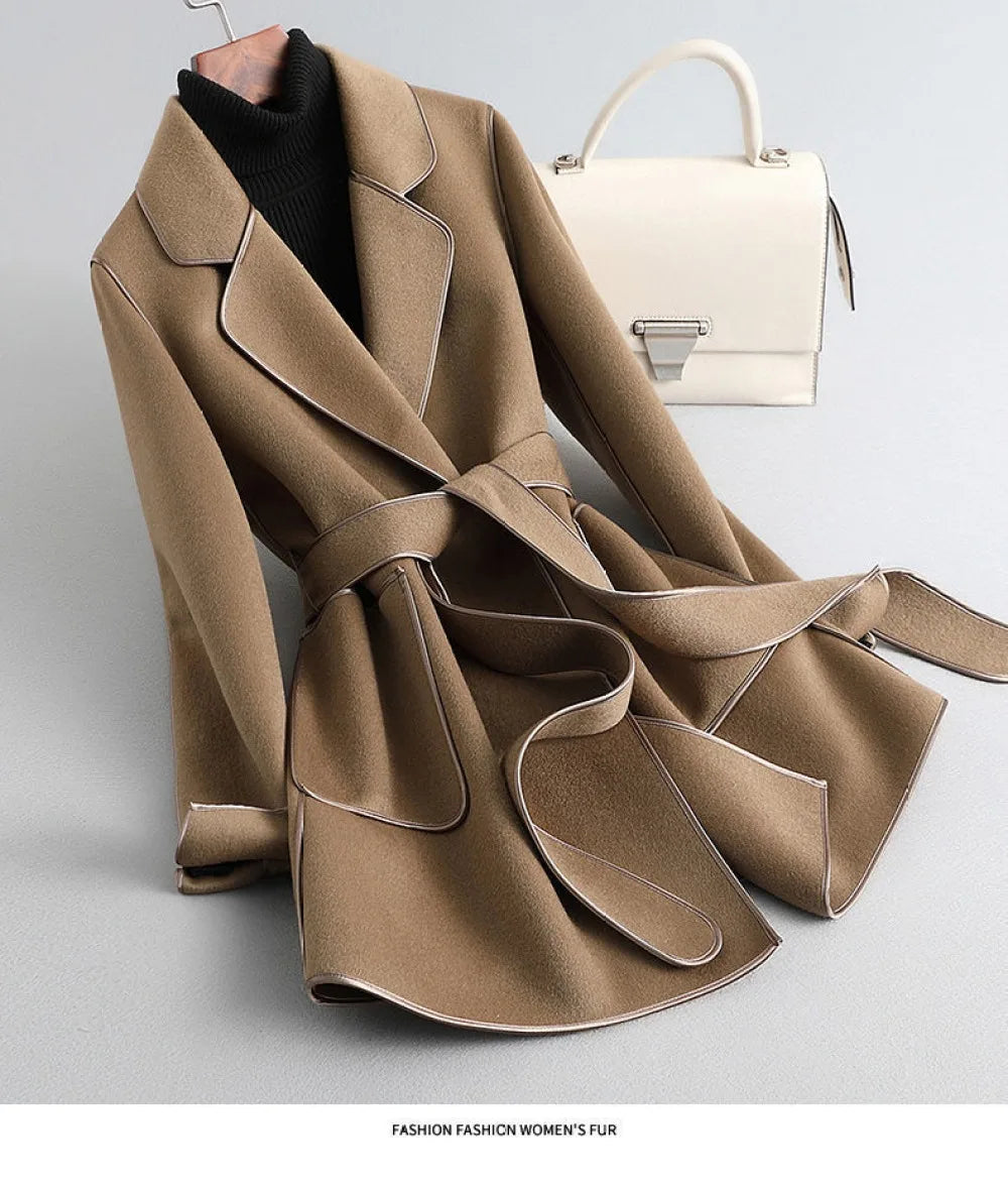 Elegant Midi Lace-Up Women's Wool Blend Coat - Classic Cardigan Style Winter Overcoat with Pockets | Perfect for Office, Dating & Formal Occasions
