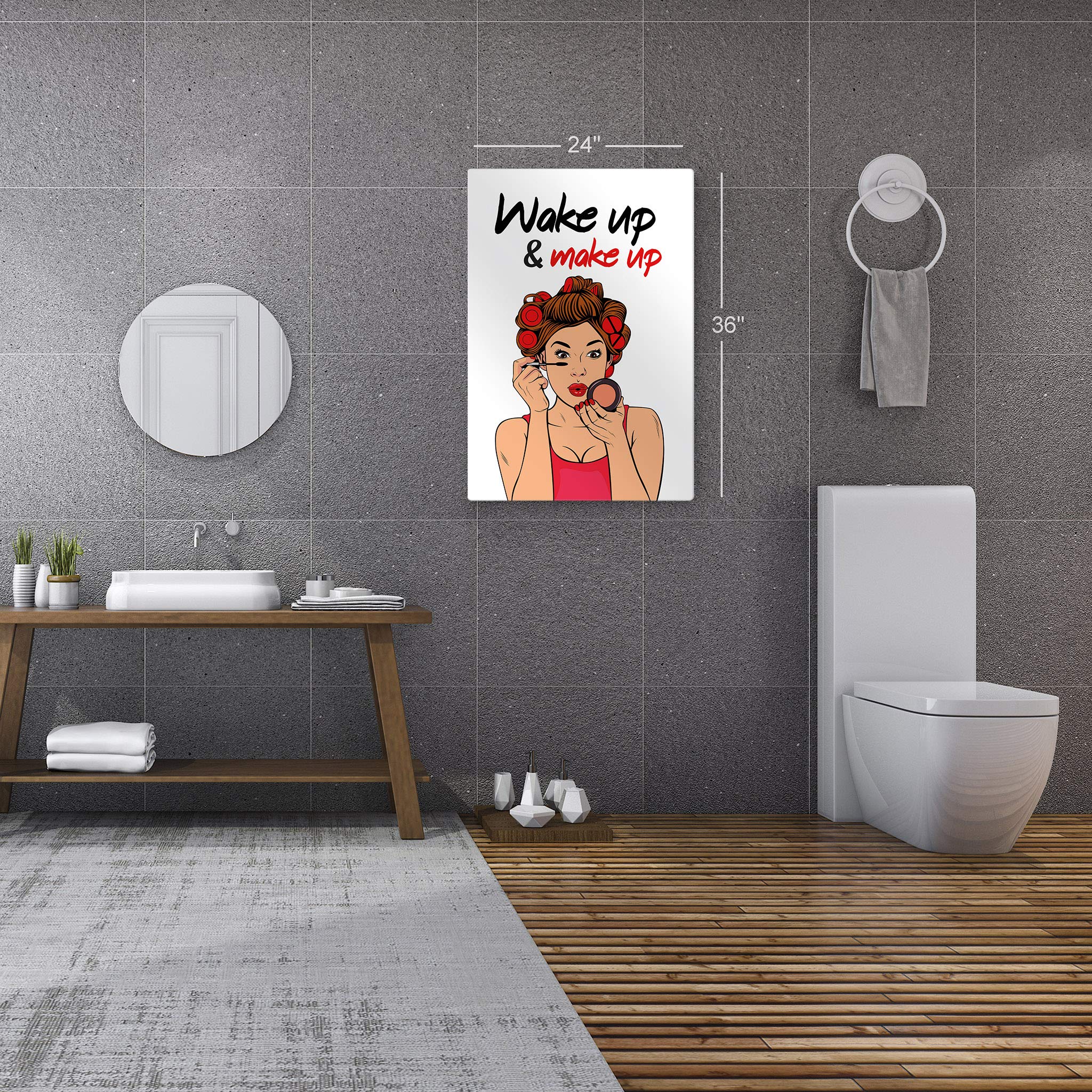 Wake Up Make Up Bathroom Wall Art - Smile Art Design Metal Print for Bathroom Decor, Pretty Woman Sign, Ready to Hang Home Decoration (40x30, Made in USA) - Perfect for Powder Rooms, Guest Baths & Vanity Areas
