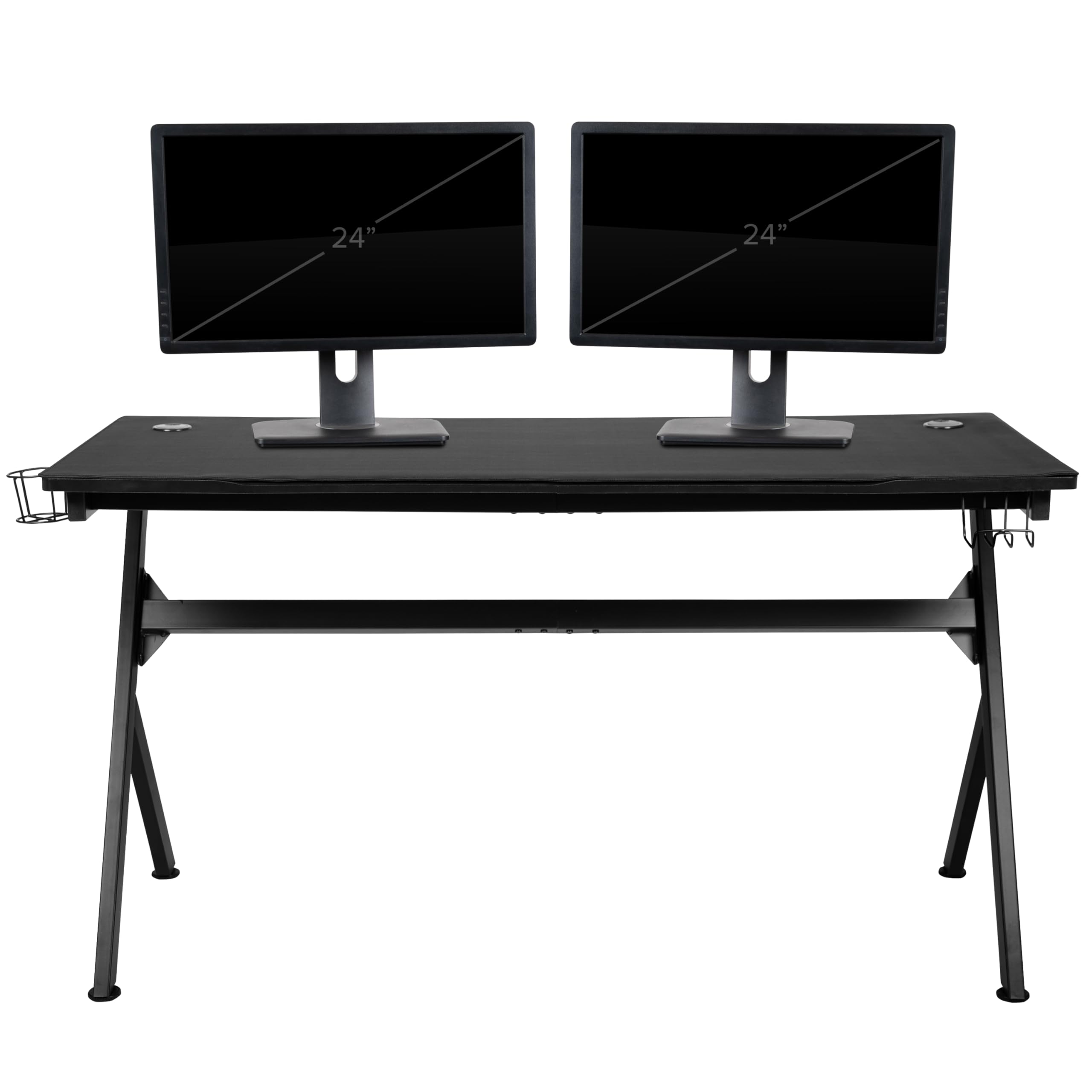 EMMA + OLIVER Black Gray Gaming Desk Bundle with Cup Holder, Headset Stand & Mouse Pad - Ergonomic Computer Desk for PC Gaming Setup, Home Office & Streaming Station