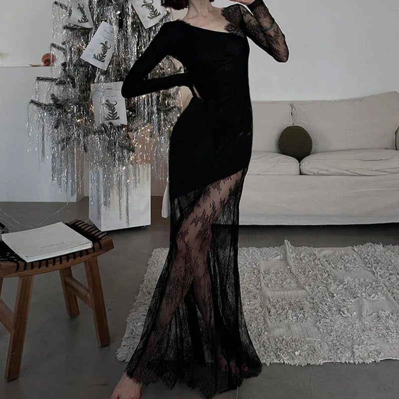 Asymmetrical Black Lace Dress for Women - Elegant Sexy Long Prom Evening Gown with Sheer Details, Perfect for Parties, Weddings & Summer Night Outfits