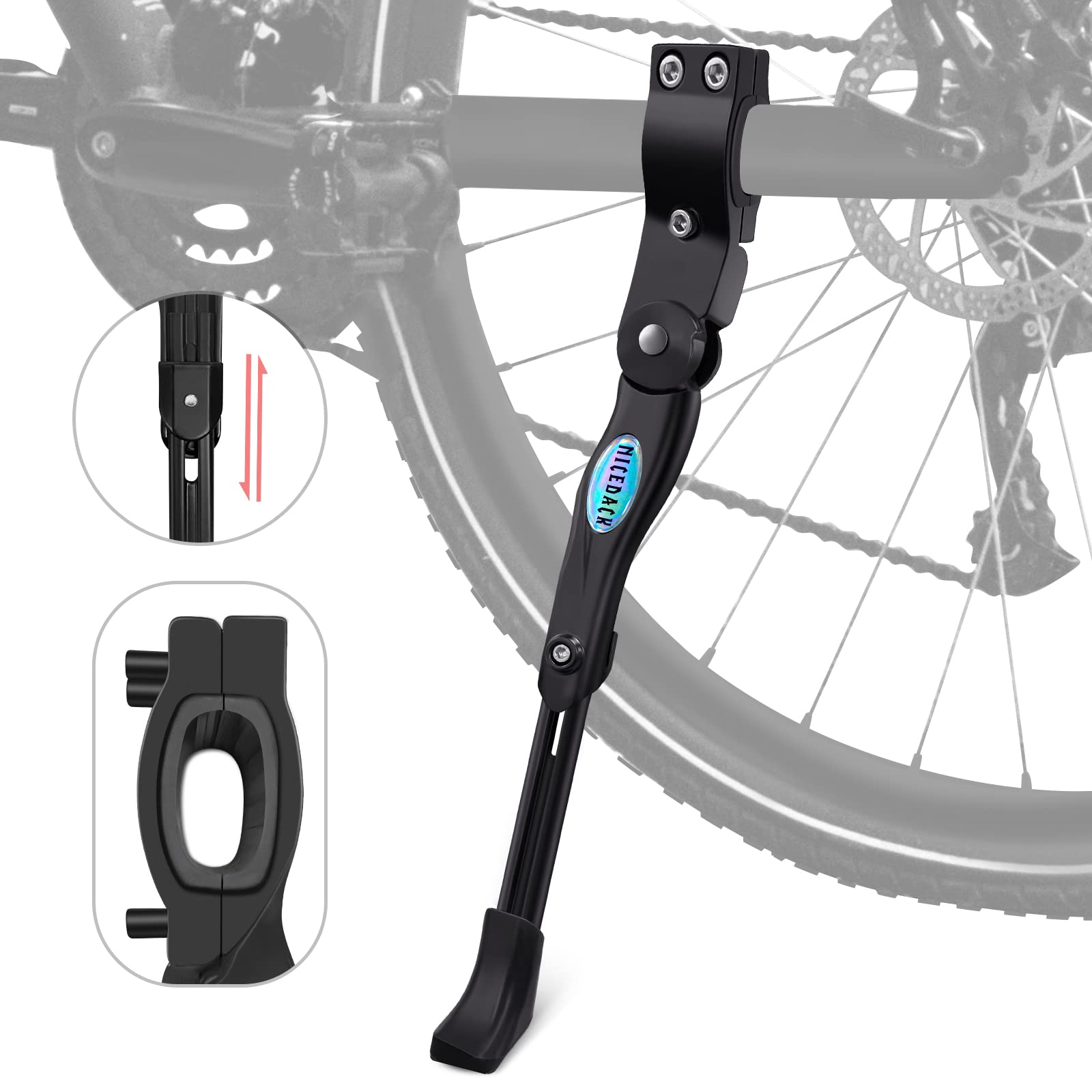 NICEDACK Adjustable Aluminum Alloy Bike Kickstand - Universal Fit for Mountain, Road, BMX & MTB Bikes (22''-28'') - Durable & Lightweight Bicycle Stand for Adults - Perfect for Commuting, Touring & Off-Road Cycling
