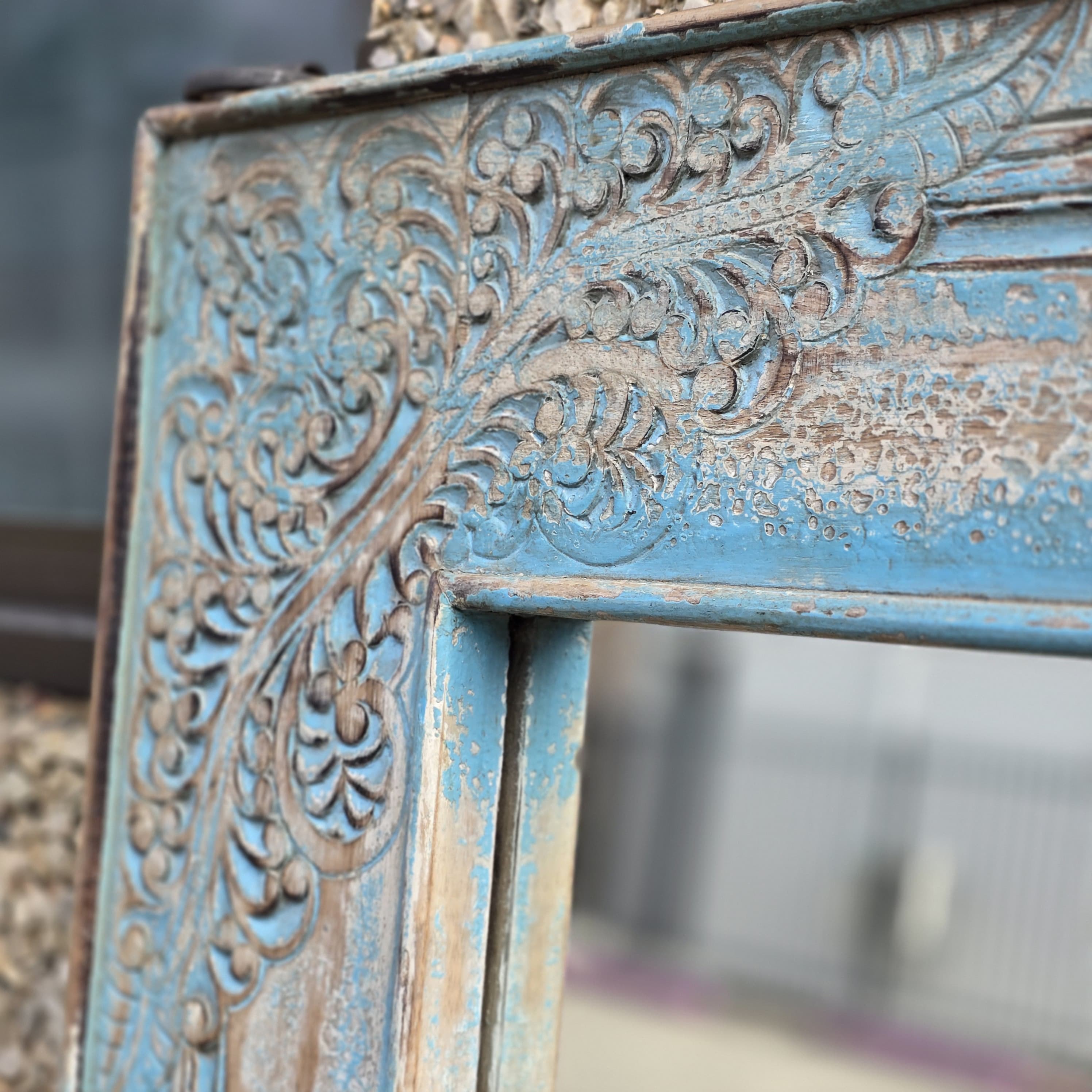 Handcrafted Floral Carved Solid Wood Indian Furniture Mirror Frame - Rustic Blue Home Decor for Living Room, Bedroom & Entryway