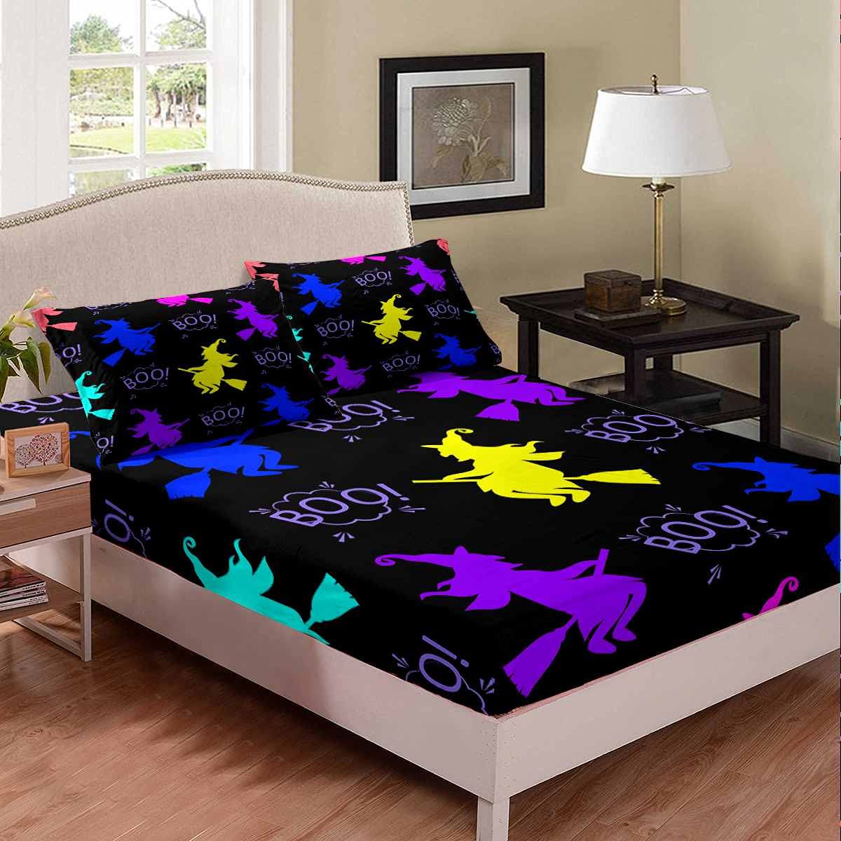 Halloween Witch Bedding Set for Kids - Colorful Microfiber Queen Size Sheet Set with 2 Pillowcases | Spooky Themed Bed Cover for Boys & Girls | Perfect for Halloween Decorations & Sleepovers