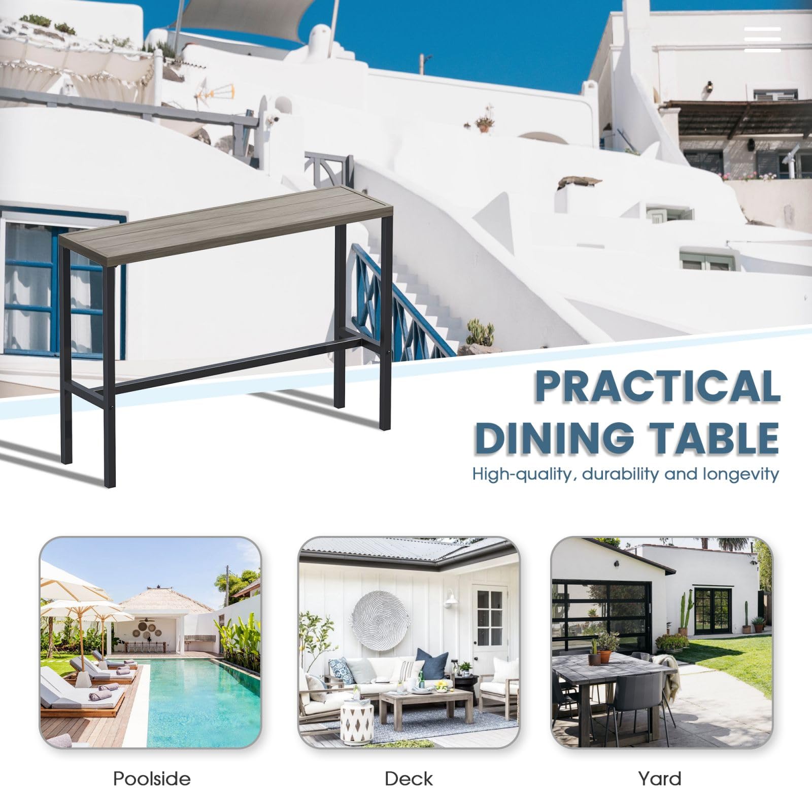 DIFY 45.3 Inch Outdoor Bar Table - Patio Pub Height Dining Table with Wood-Like Tabletop - Narrow Rectangle Design for Bistro, Balcony, Garden & Backyard - Weather-Resistant Grey Finish - Perfect for Outdoor Entertaining, BBQs & Small Space Dining