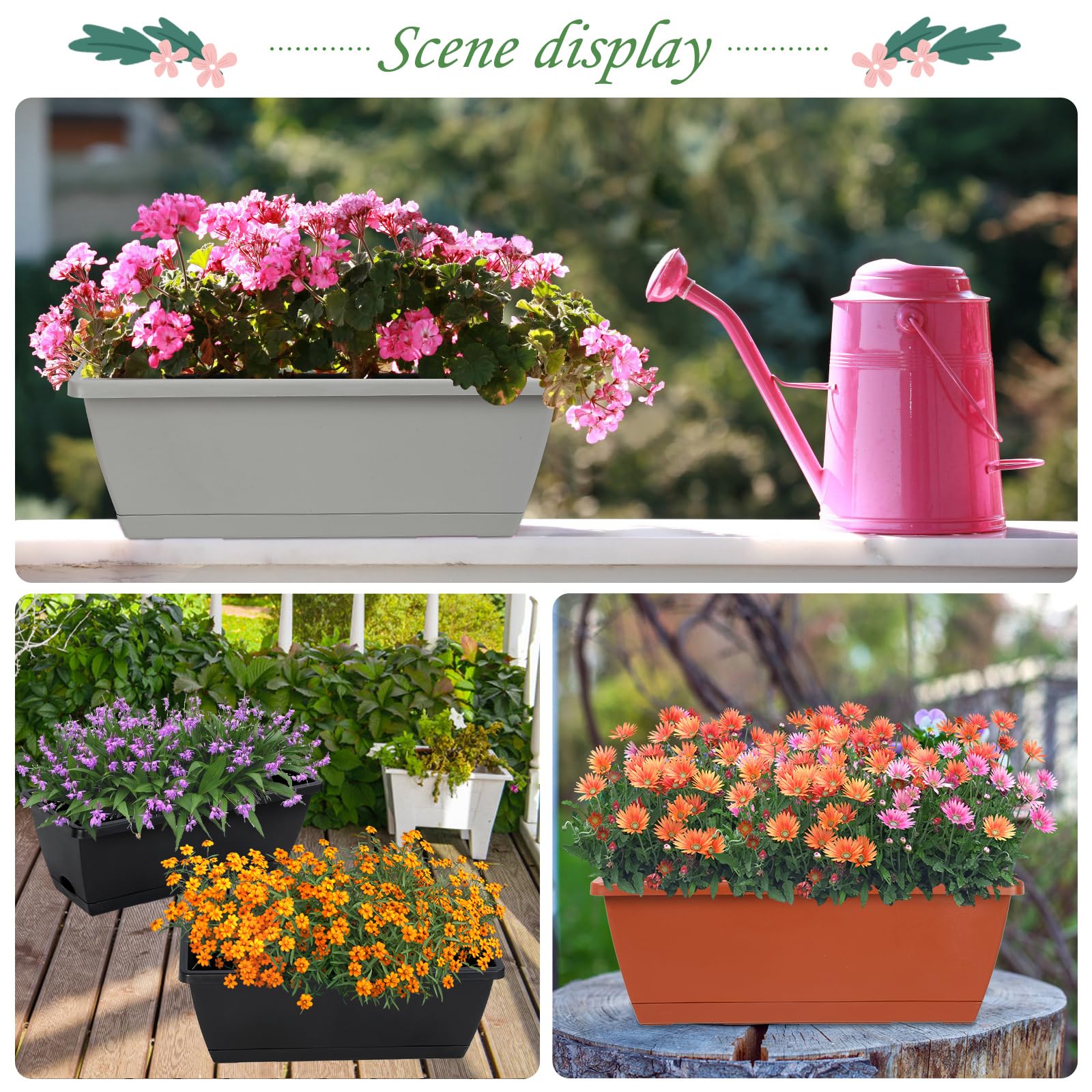 12Pcs 17-Inch Rectangle Plastic Planter Box with Drainage Holes & Trays - Indoor Outdoor Flower Pots for Plants, Patio, Garden, Home Decor, Porch, Yard - Perfect for Herbs, Succulents, Flowers & Vegetable Gardening (Red)