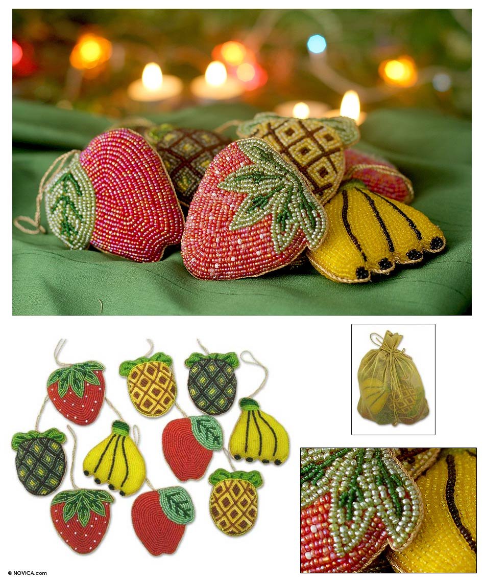 Handmade Beaded Cotton Holiday Ornaments - Set of 10 Assorted 'Luscious Fruit' Decorations for Christmas Tree & Home Decor | Novica Handcrafted Gift