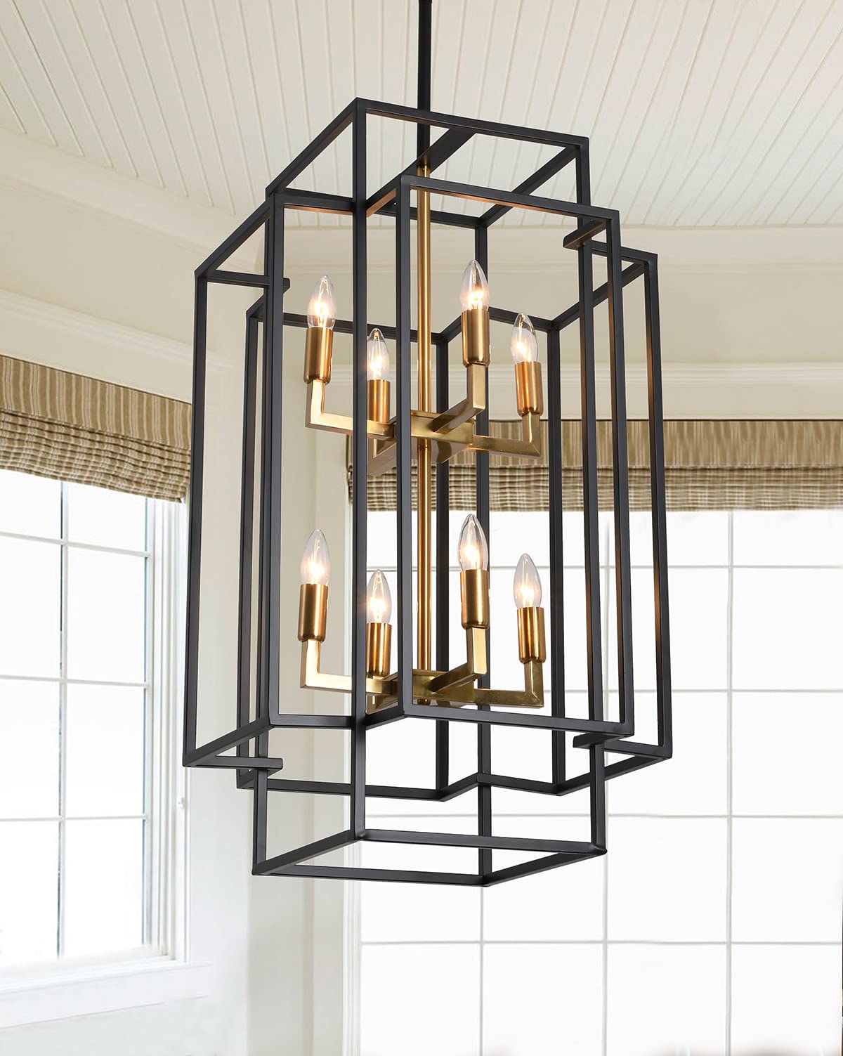 AIWEN 8-Light Farmhouse Chandelier - Square/Rectangle Candle Style Pendant Light with Black & Gold Finish - Rustic Cage Ceiling Fixture for Dining Room, Foyer, Kitchen, Living Room, Cafe & Bar Decor