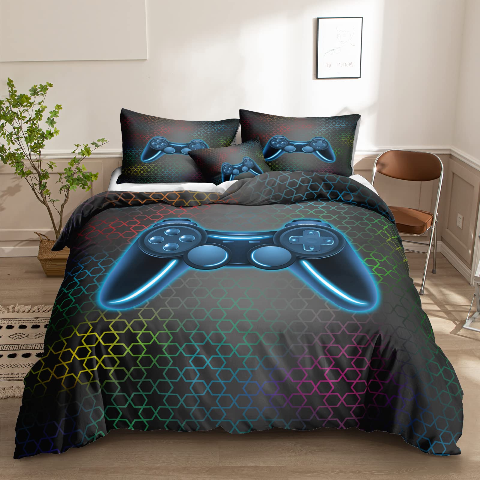 Bedroom Boys Gaming Bedding Set - Video Game Controller Duvet Cover with 2 Pillowcases | Ultra Soft Microfiber Black Bedding for Kids & Adults | Perfect for Gaming Rooms, Sleepovers & Teen Bedrooms