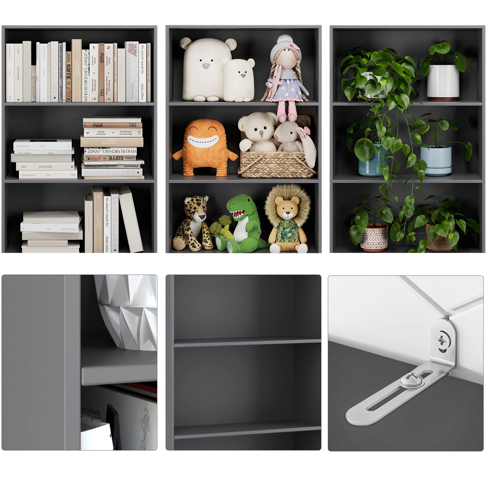 FOTOSOK 6-Tier Open Bookcase - Freestanding Bookshelf for Bedroom, Living Room & Office - Dark Gray Display Storage Shelf - Perfect for Organizing Books, Decor & Essentials in Home or Workspace