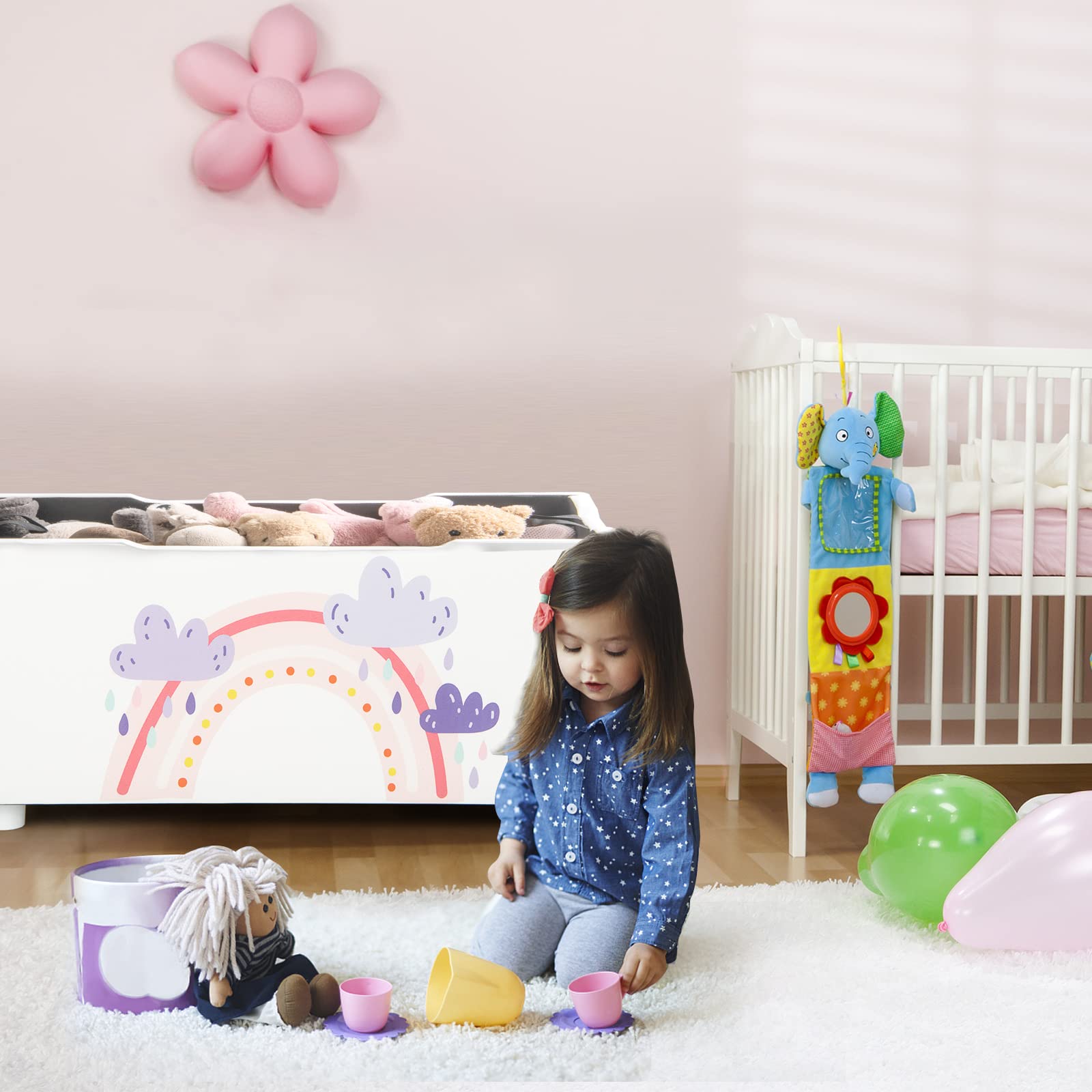 HONEY JOY 2-in-1 Kids Wooden Toy Storage Box with Padded Seat - Large Faux Leather Toy Chest Bench for Nursery, Bedroom & Playroom - Carry Handles for Easy Moving - Perfect for Organizing Toys, Books & Kids' Room Decor (Cloud Design)
