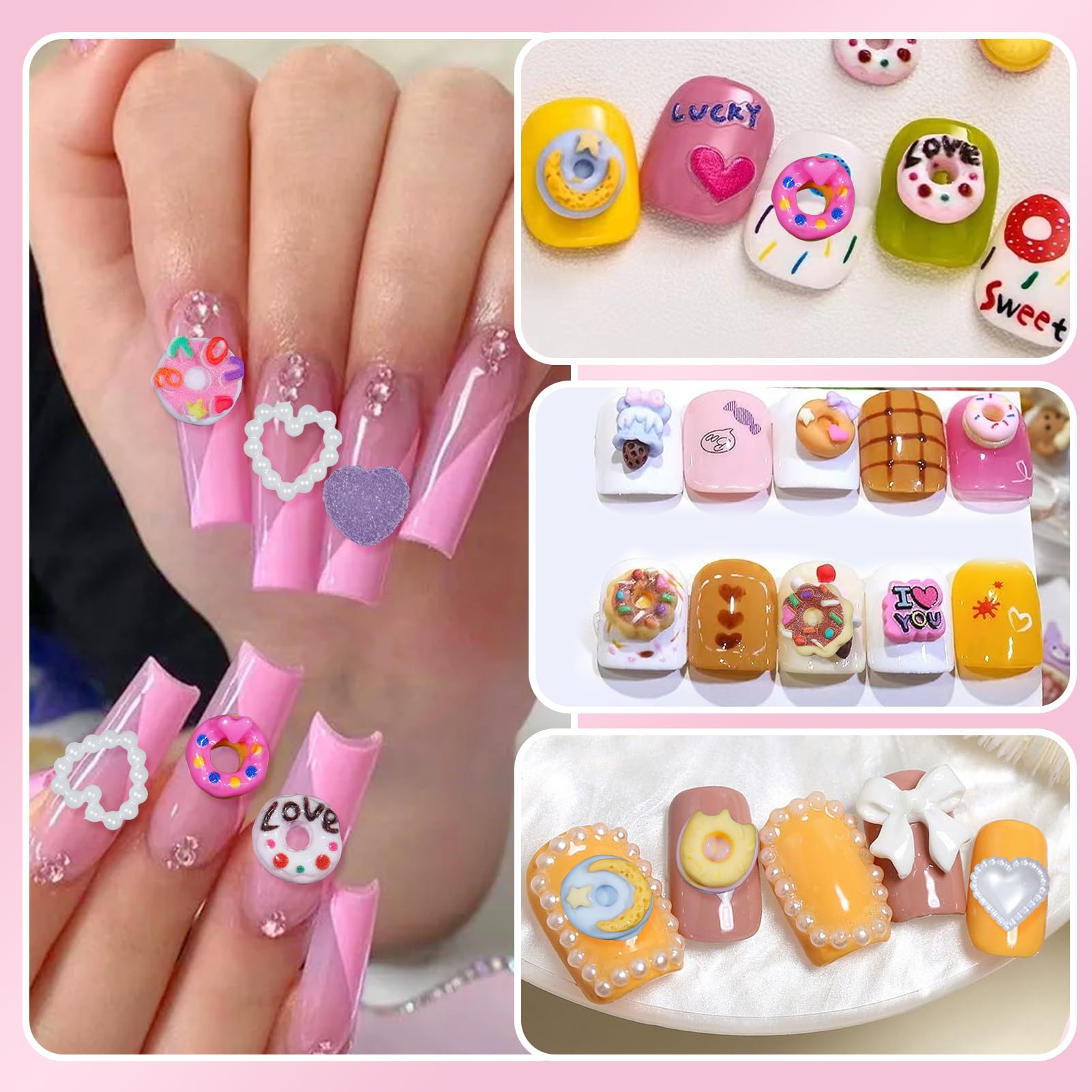 3D Candy Nail Charms - Assorted Donut, Pearl Heart & Cartoon Nail Art Decorations for DIY Nail Design | Includes Pickup Tools | Perfect for Nail Salons, Home Manicures & Party Nail Art
