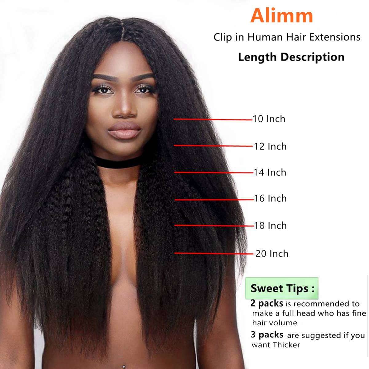 Clip-in Kinky Straight Human Hair Extensions - 7Pieces 16 Clips Double Lace Weft (26 inch, #1B) | Alimm Coarse Yaki Straight Hair for Natural Look | Perfect for Daily Wear, Parties & Special Occasions