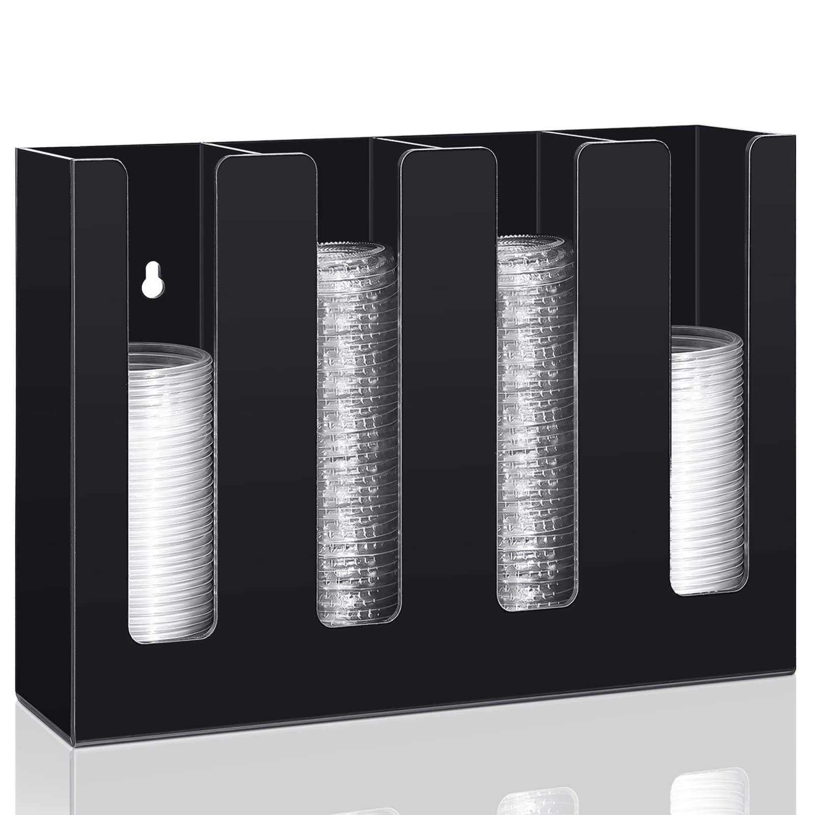 Acrylic Sauce Cup Dispenser with 4 Compartments - Countertop or Wall Mount Cup Lid Organizer - Plastic Lids Storage Holder for Restaurants, Party & Kitchen Supplies (Black) - Perfect for Organizing Condiments, Spices & Small Kitchen Items