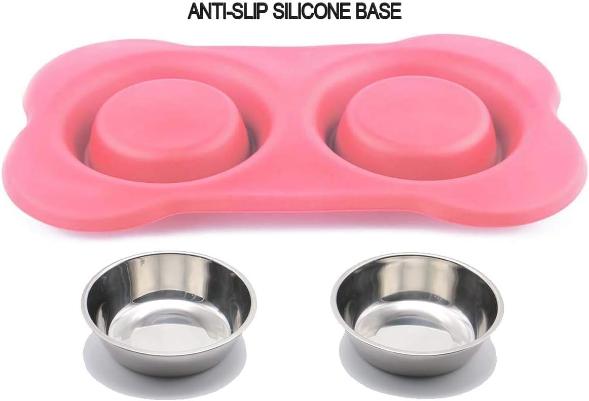 2 in 1 Stainless Steel Pet Bowl with Silicone Mat - Dual Food & Water Dish for Dogs & Cats - Removable Bowls, Non-Slip Base, Easy Clean (Multicolor) - Perfect for Home, Travel & Outdoor Use