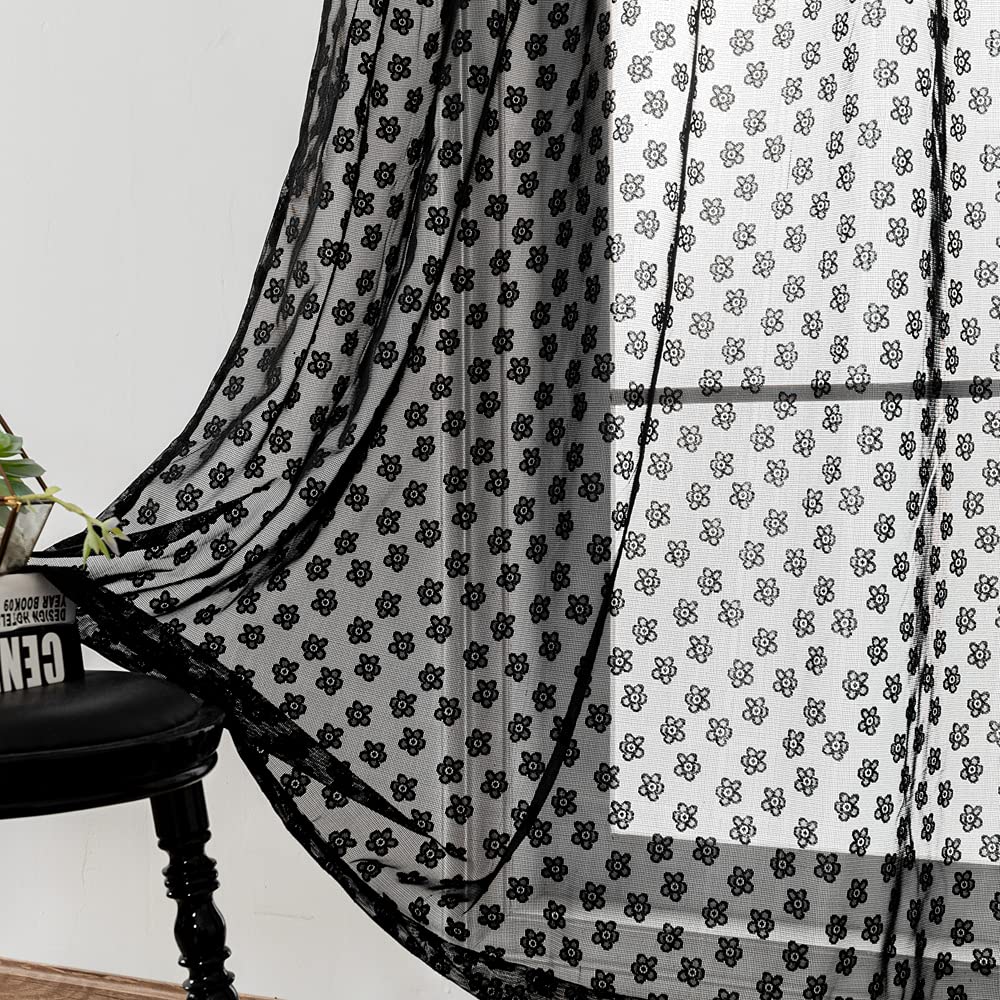 Black Blossom Floral Lace Sheer Curtains - 63 Inch Length (Set of 2 Panels) with Rod Pocket, Small Floral Pattern Design for Bedroom, Living Room & Kitchen Decor - Elegant Semi-Sheer Black Lace Window Treatments for Privacy & Stylish Home Decor