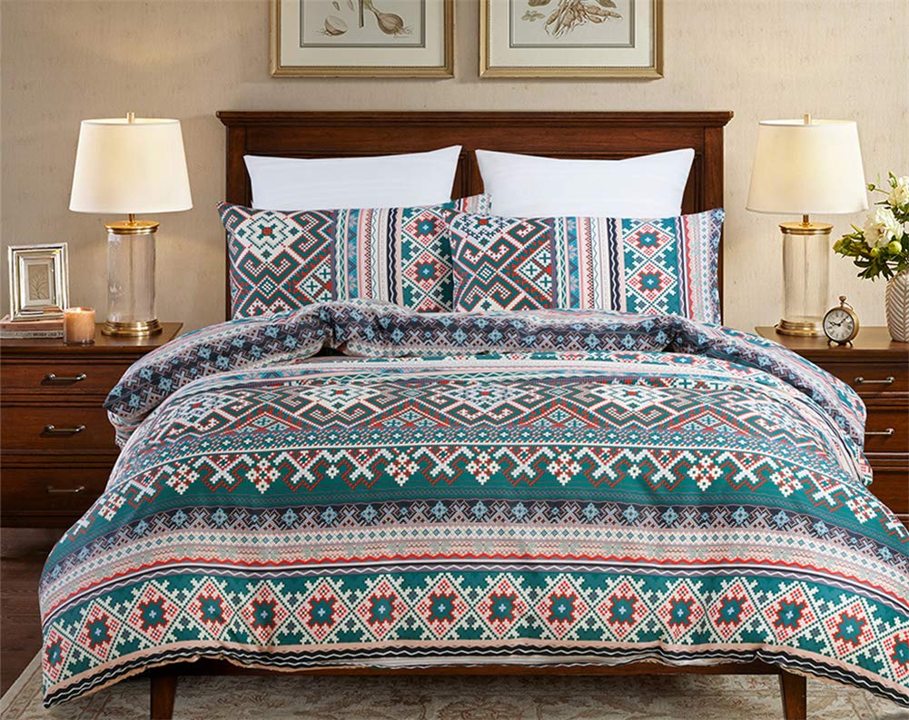 Omelas Kids Bohemian Duvet Cover Set - Twin Size for Boys & Girls, Boho Chic Tribal Print in Green, White & Red Stripes, Reversible Geometric Design, Soft Microfiber Bedding - Perfect for Nursery, Kids' Room & Bohemian Style Bedrooms