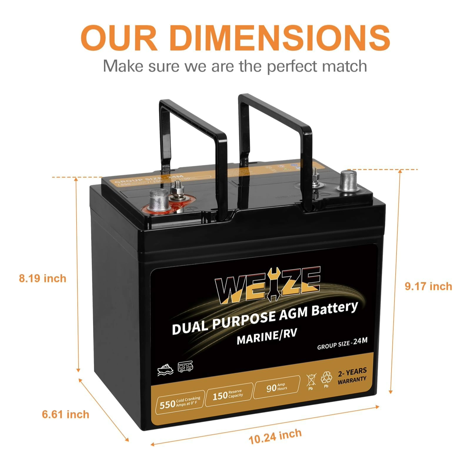 WEIZE Dual Purpose AGM Battery BCI Group 24M - 12V 90AH Sealed Marine & RV Battery with 150RC & 550CCA - Perfect for Boats, RVs, and Off-Grid Power Systems