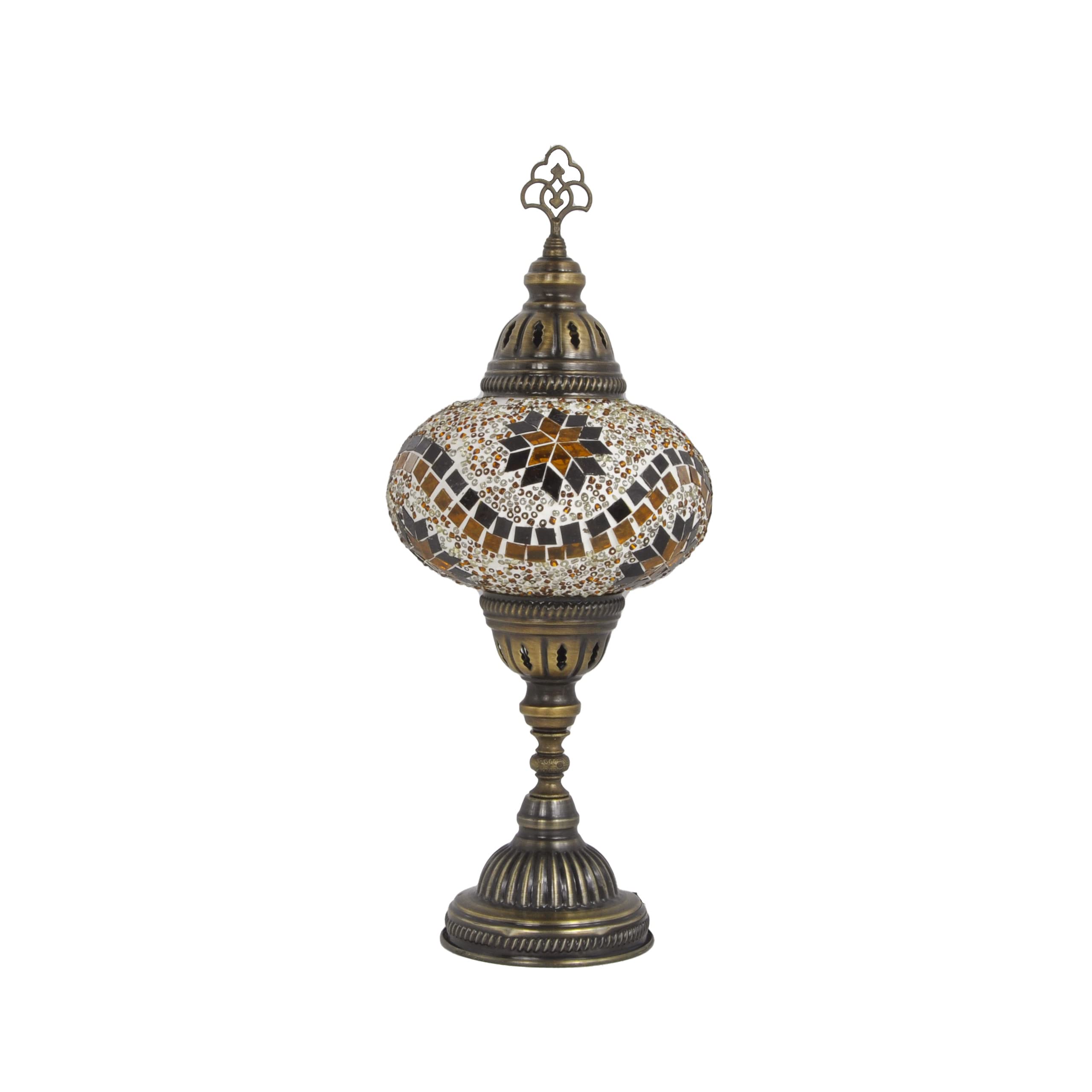 10 Styles Handmade Turkish Mosaic Table Lamp - Bronze Base Moroccan Tiffany Night Light with LED Bulb for Bedroom Decor | Authentic Glass Bedside Lamp for Living Room, Dining Room & Gift Giving (Brown)