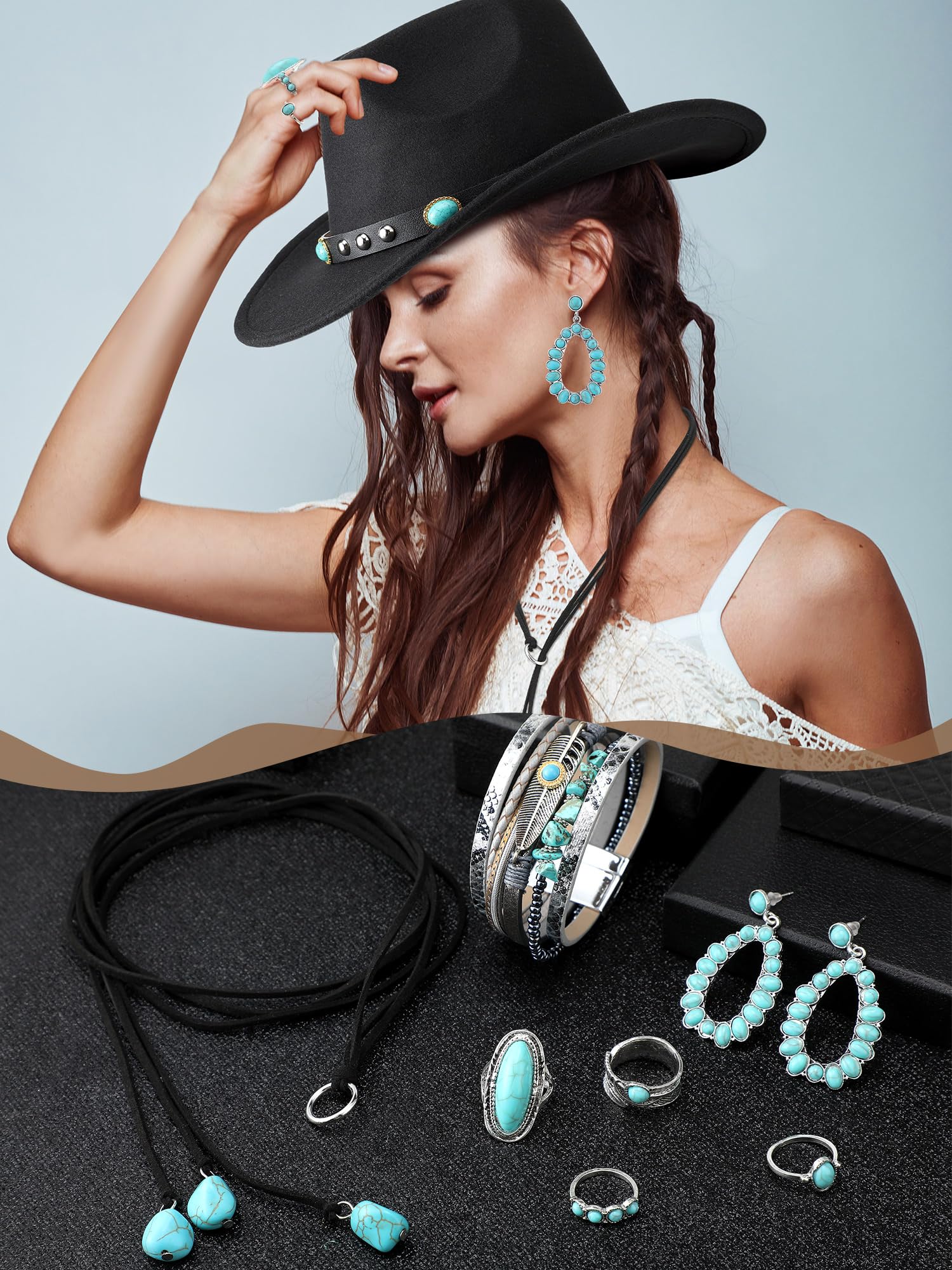 9 Pack Western Outfits for Women - Cowgirl Vest, Boho Cowboy Hat & Jewelry Set | Halloween Costume, Cowgirl Cosplay, Country Themed Party Outfit | Perfect for Halloween, Rodeo Events, Western Parties and Country Music Festivals