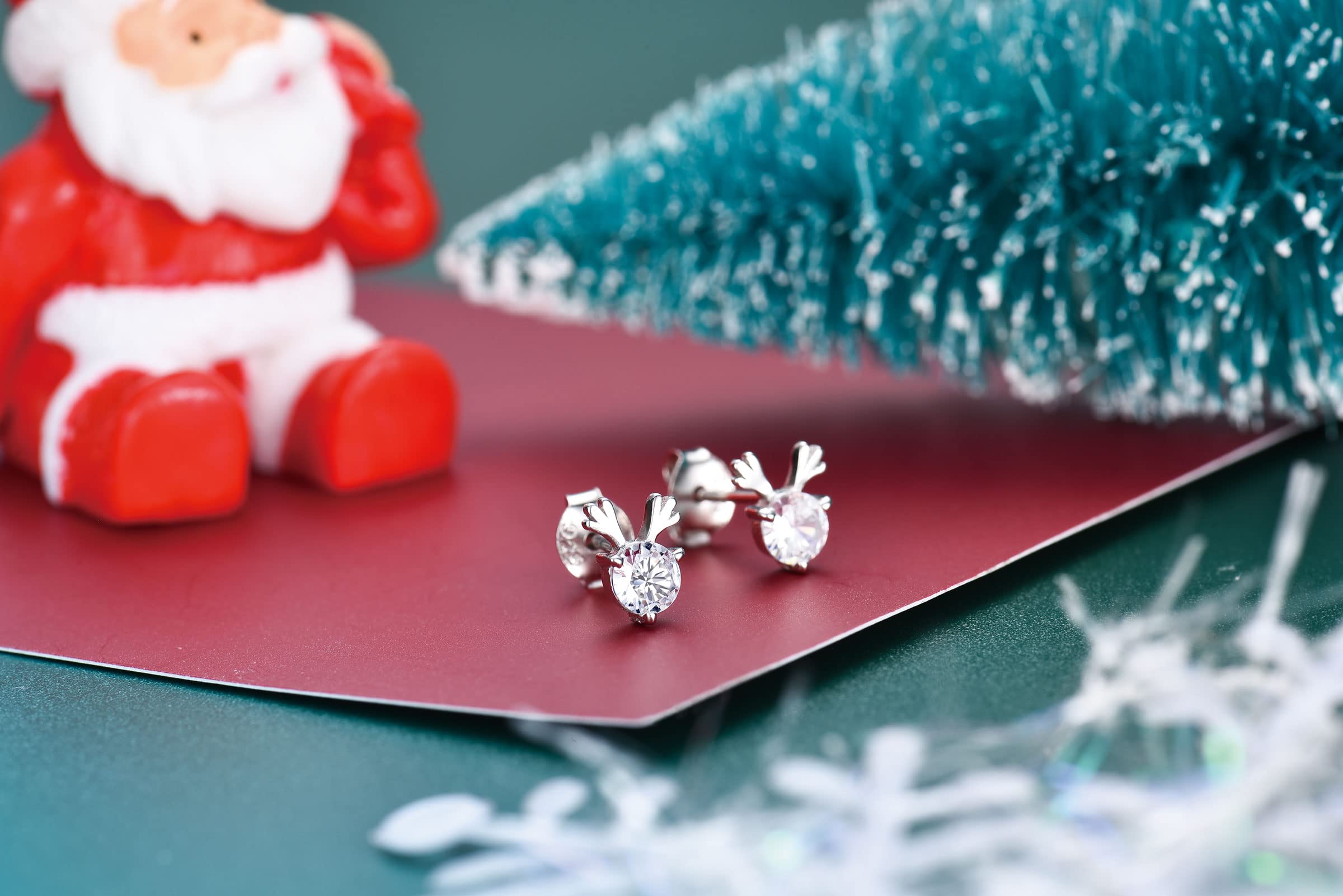 925 Sterling Silver Reindeer Earrings for Women - Hypoallergenic CZ Deer Antler Studs, Christmas & Birthday Gifts for Girls and Ladies - Perfect for Holiday Parties, Office Celebrations and Festive Outfits