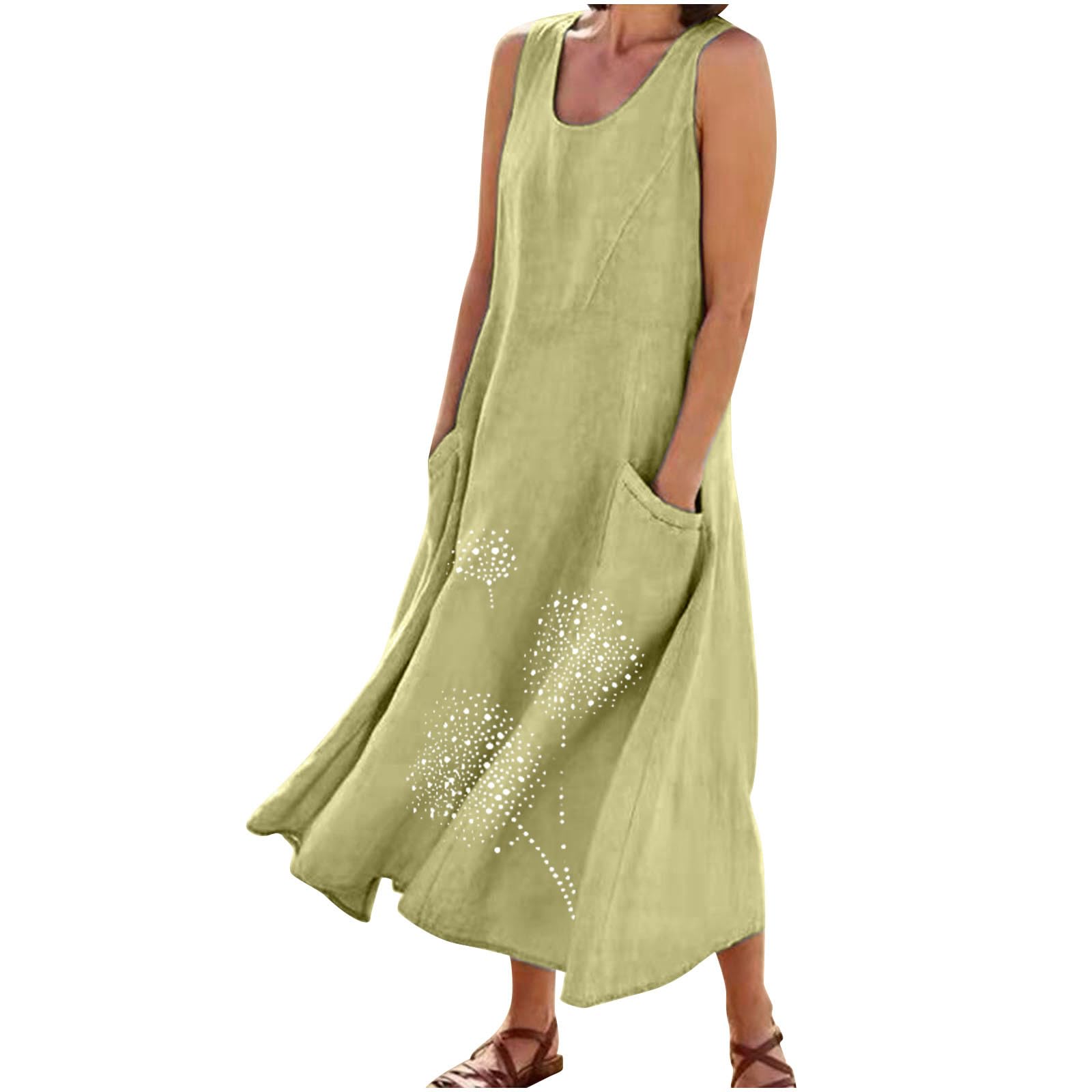 Lcepcy Women's Cotton Linen Summer Dress - Sleeveless Flowy Maxi with Pockets for Beach & Vacation