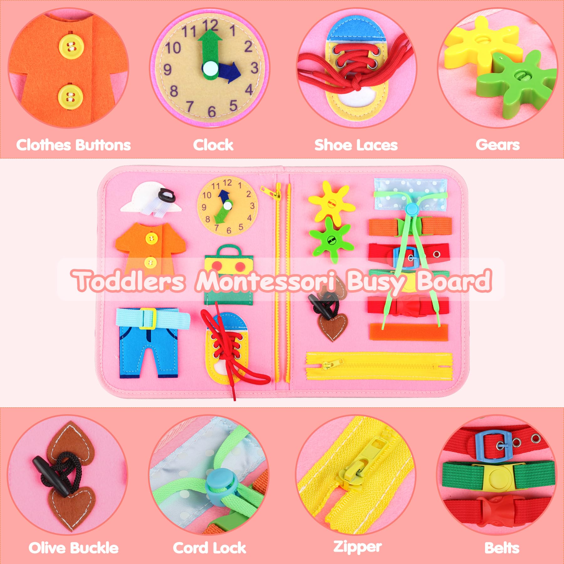 Montessori Busy Board for Toddlers 1-4 Years Old - Educational Sensory Toys for Fine Motor Skills Development - Perfect Travel Activity Toy for Airplane & Car Rides - Ideal Birthday Gift for Girls & Boys Ages 2-4 - Learning Busy Book for Preschool Kids