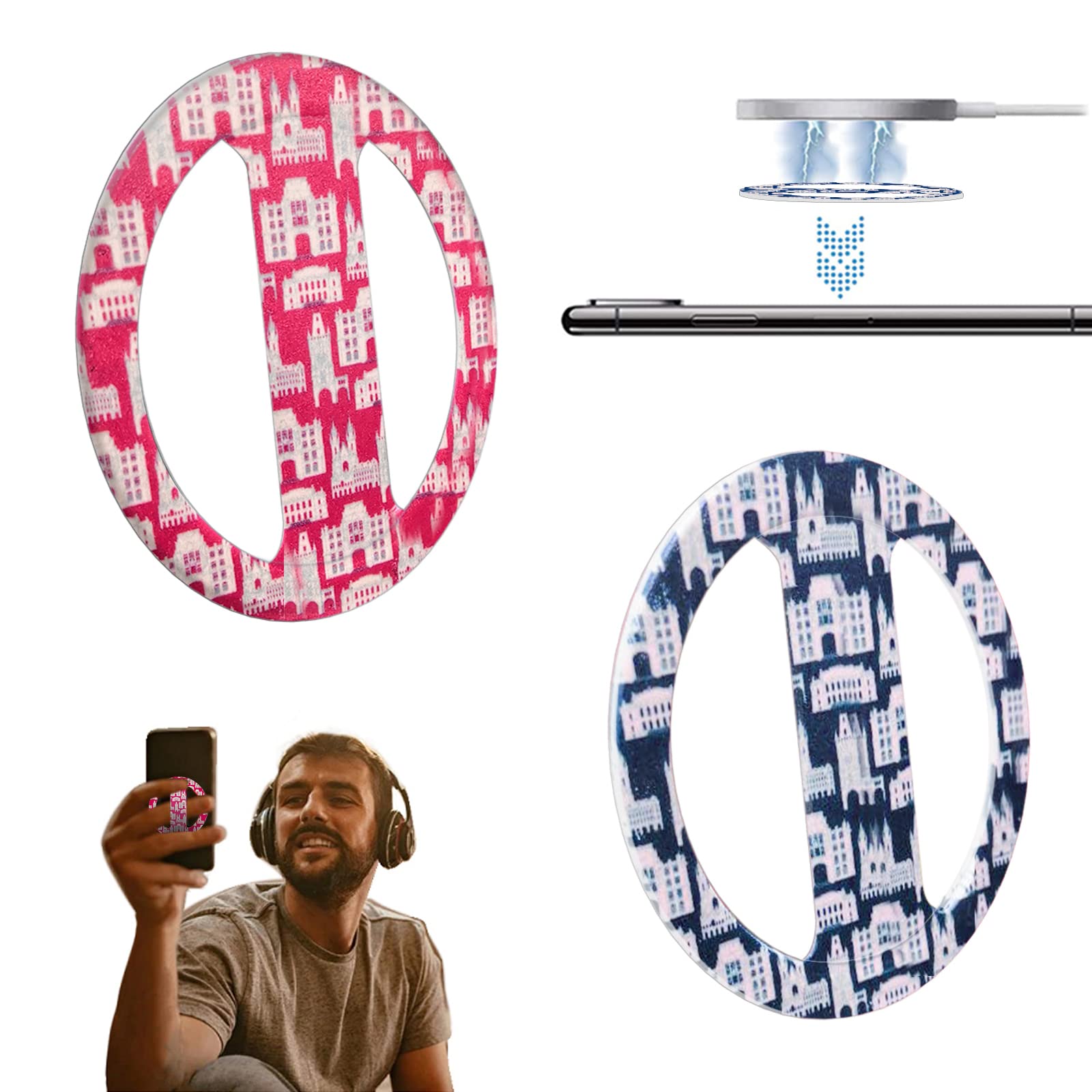 AZALEE Ultra-Thin Elastic Silicone Phone Grip - 2 Pack Magnetic Phone Holder with Anti-Slip Design, Compatible with Wireless Charging for iPhone & Android (Castle Pattern) - Perfect for Driving, Workouts & Everyday Use