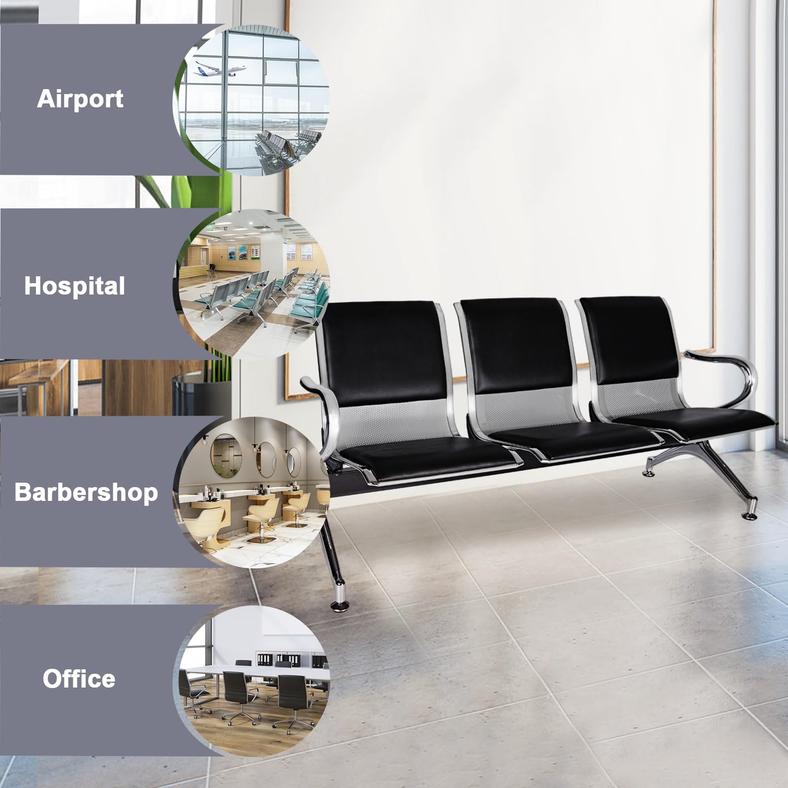 kinbor PU Leather Waiting Bench - Comfortable Seating for Barbershops, Salons, Lobbies - Perfect for Airport, Bank, Hospital Waiting Areas - Durable & Stylish Reception Chairs
