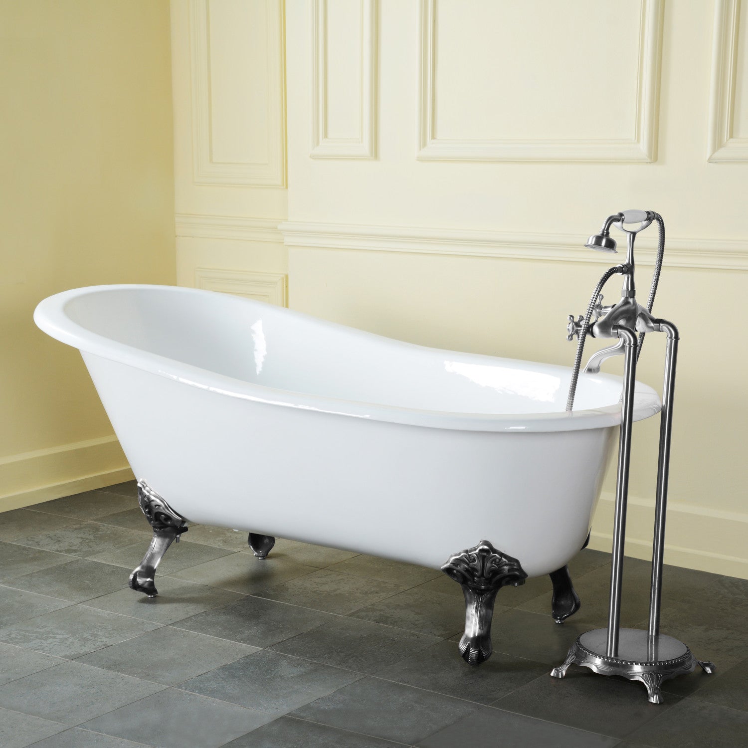 Aqua Eden 61 Inch White Cast Iron Clawfoot Bathtub - Oval Single Slipper Design with Polished Chrome Finish (No Faucet Holes) | Perfect for Vintage Bathrooms, Spa Retreats & Luxury Home Renovations