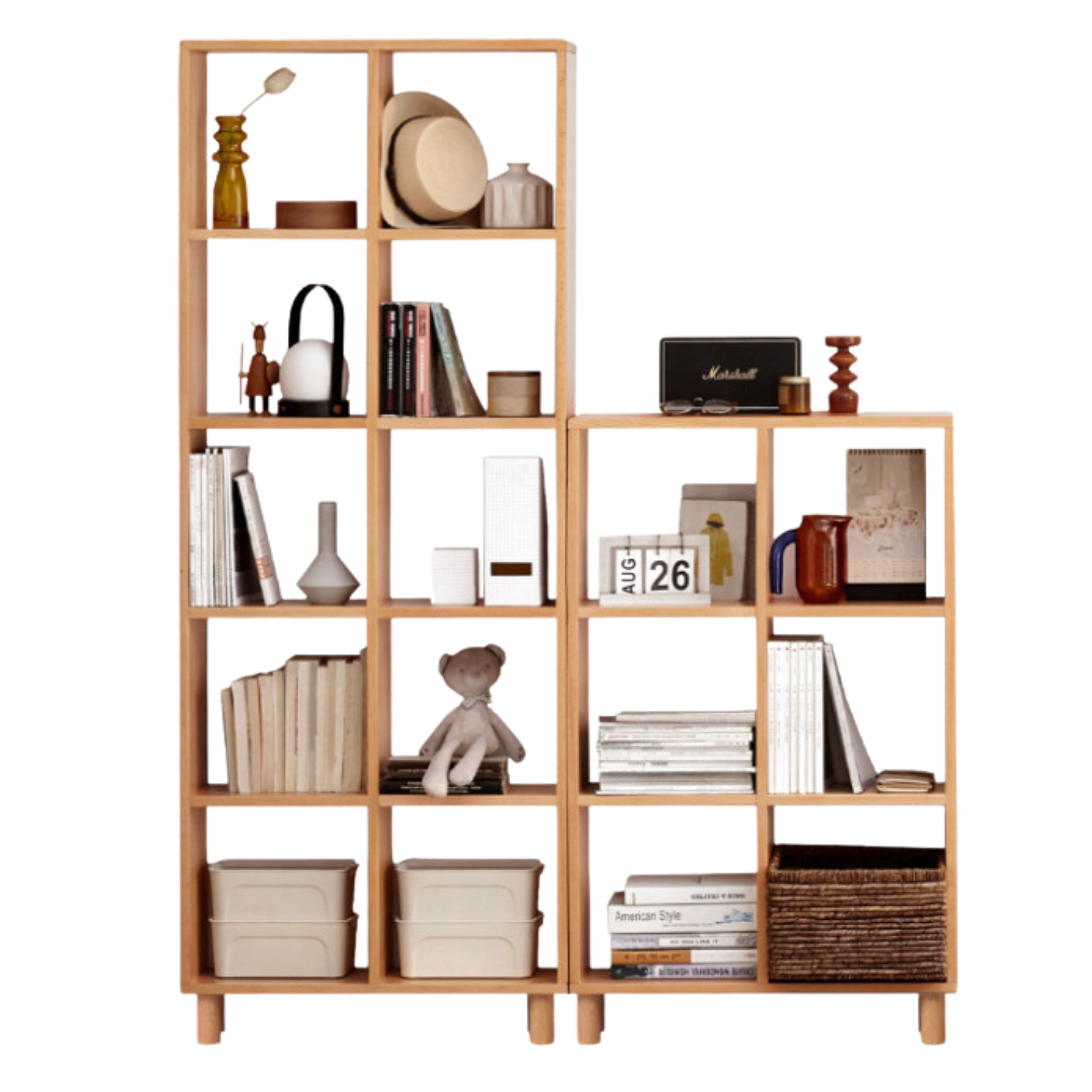 55.1x9.1x71.7 inch / 140x23x182 сm / Natural Wood Color/ Beech Bookshelf 2 pcs