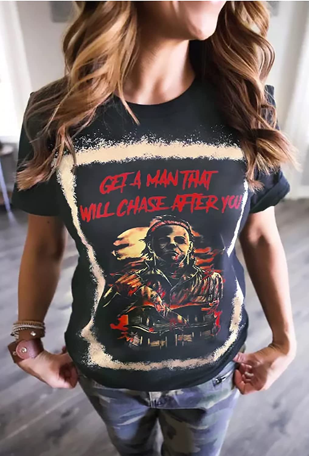 Horror Movies Bleached T-Shirt for Women - Funny Letter Print Halloween Party Shirt - Michael Myers Novelty Graphic Tee - Perfect for Halloween Costumes, Horror Movie Nights & Cosplay Events