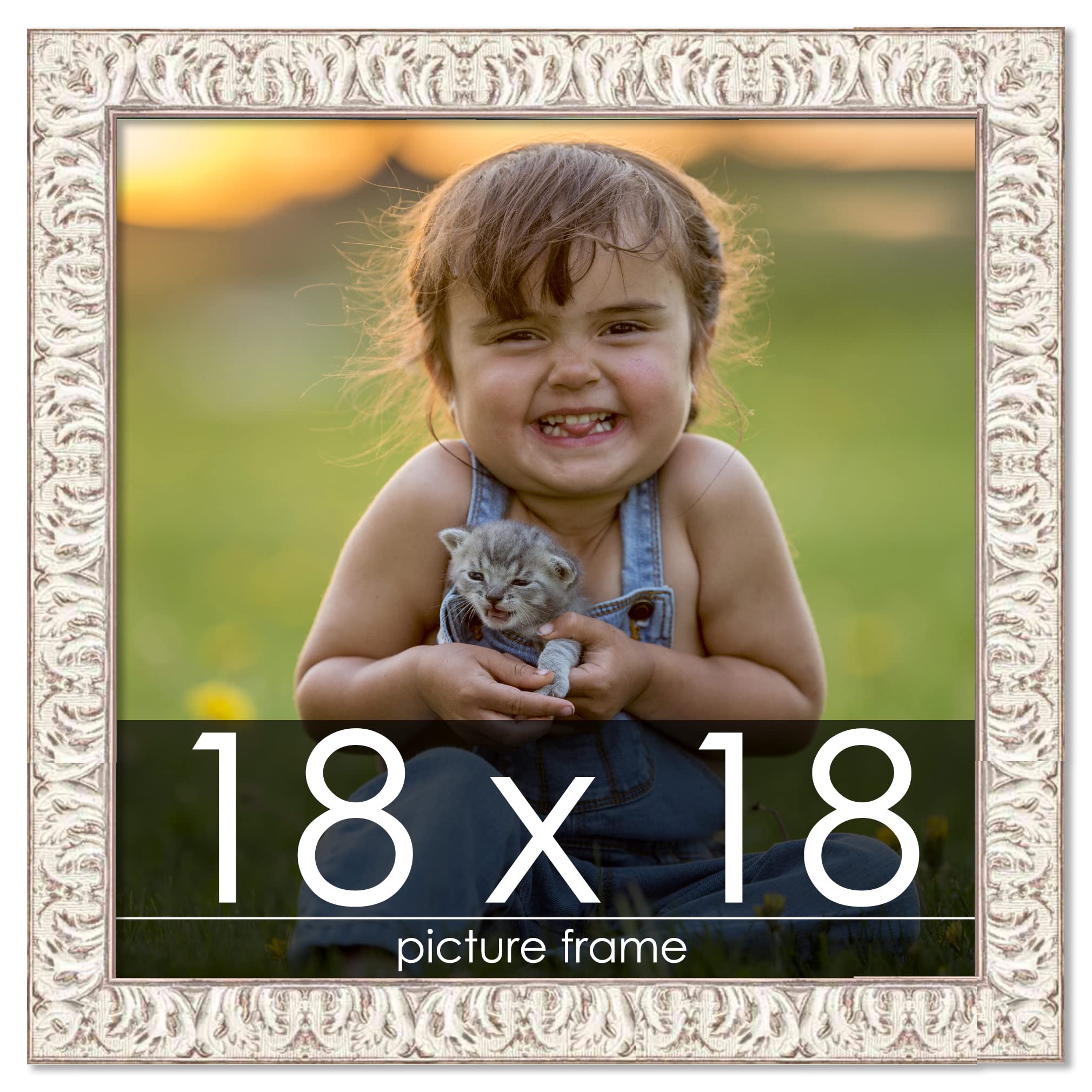 18x18 Ornate White Washed Wood Picture Frame - Square Poster Frame with UV Acrylic, Foam Board Backing & Hanging Hardware - Perfect for Wall Art, Home Decor, Gallery Displays & Office Decorations