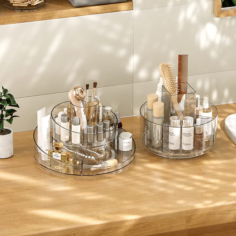 360° Rotating Makeup Organizer - Spinning Cosmetic Storage Tray with Lazy Susan Turntable | Clear Acrylic Makeup Brush Holder for Vanity, Lipstick, Perfume & Skincare | Perfect for Bathroom Counter, Dressing Table & Travel Organizer