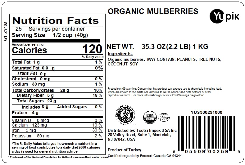 Organic Dried Mulberries 2.2 lb | Non-GMO, Vegan, Gluten-Free, No Sugar Added | Healthy Snack for Smoothies, Yogurt Topping & Baking | Yupik Premium Dried Fruit