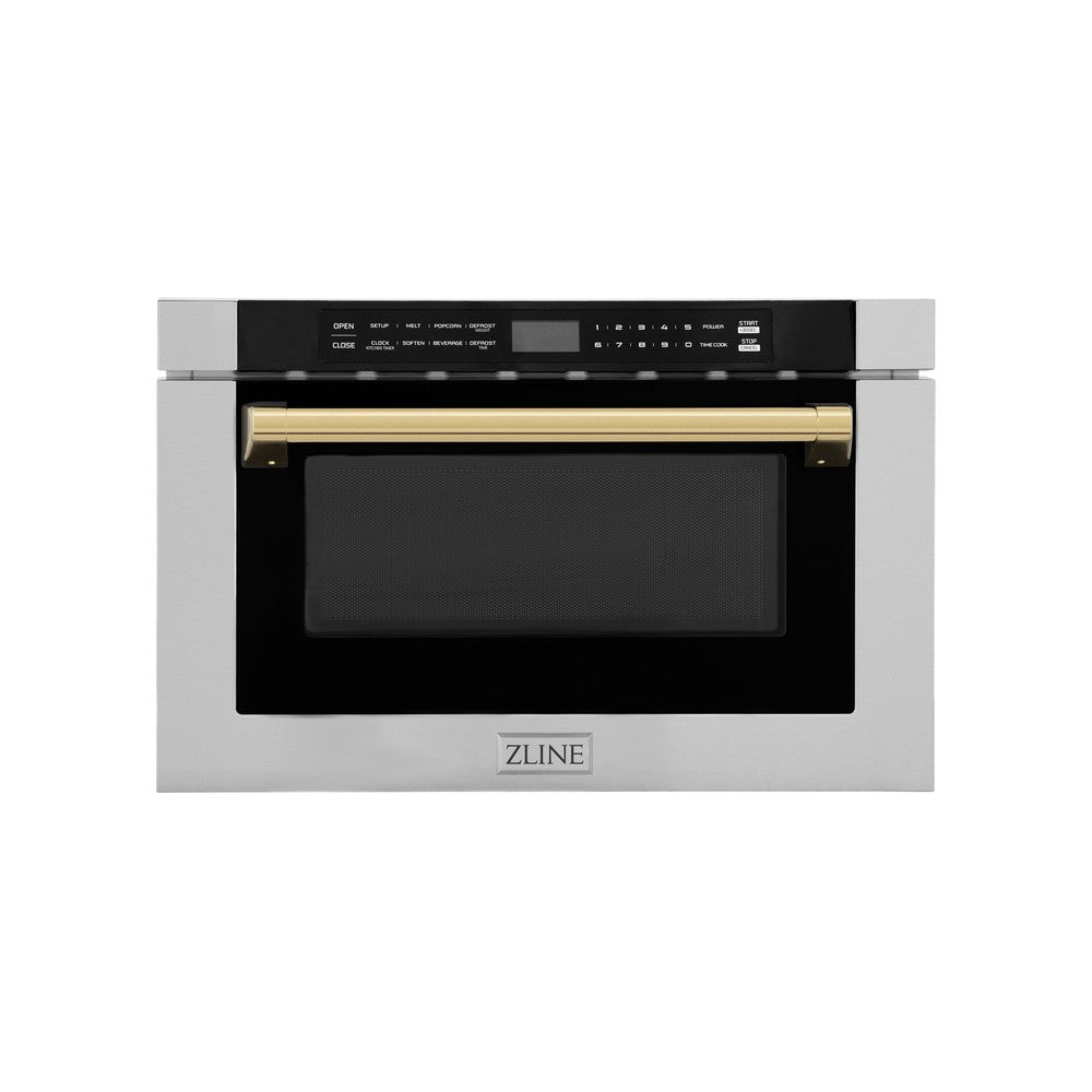 ZLINE Autograph Edition 24-Inch Built-In Microwave Drawer - 1.2 cu.ft Stainless Steel with Polished Gold Accents - Perfect for Modern Kitchens & Luxury Home Renovations (MWDZ 1 H G)